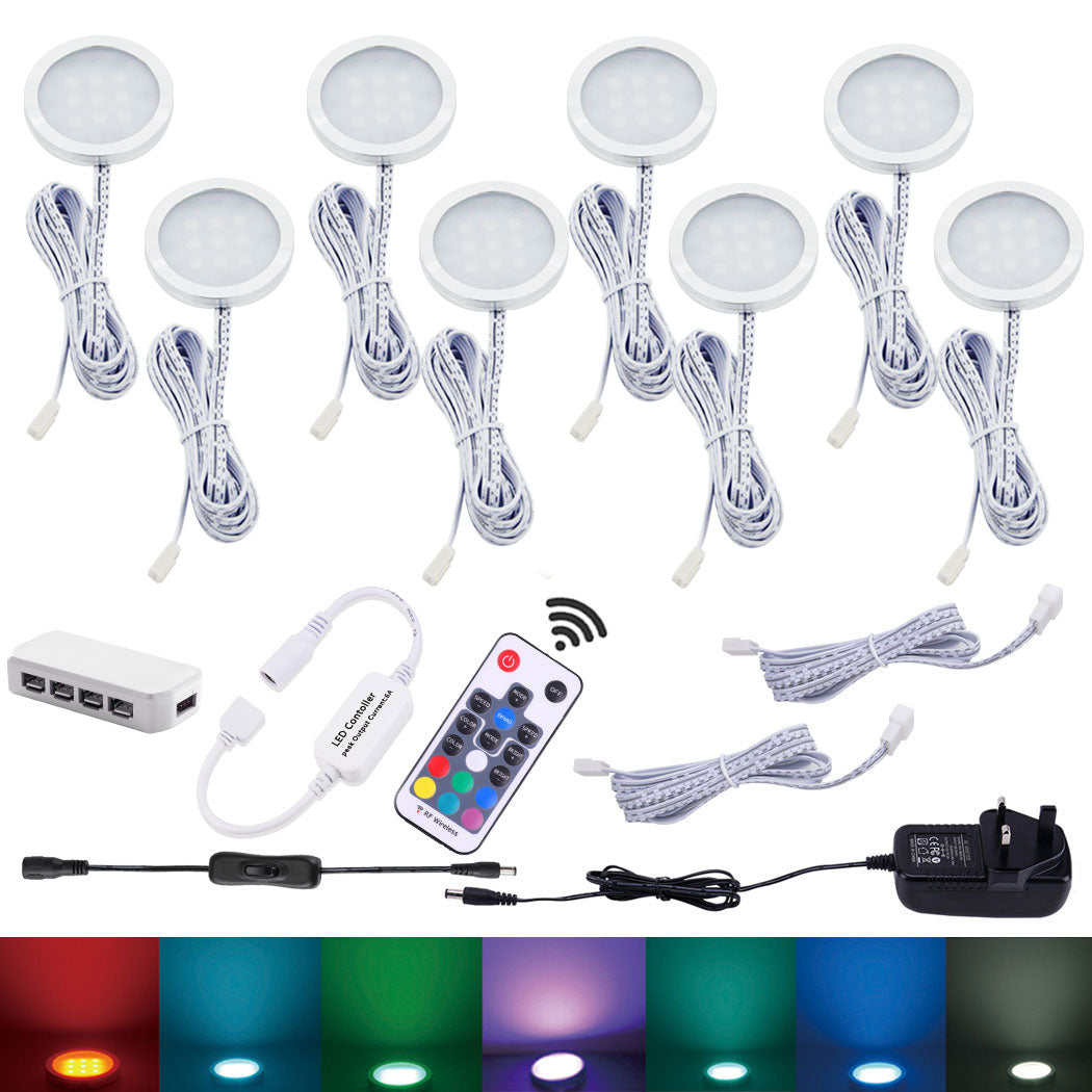 AIBOO RGB-Farbwechsel-LED-Unterschrankleuchten-Set, 8 Packungen mit schmalen Aluminium-Pucks für die Weihnachtsdekoration, Küchentheke, Möbel, stimmungsvolle Beleuchtung