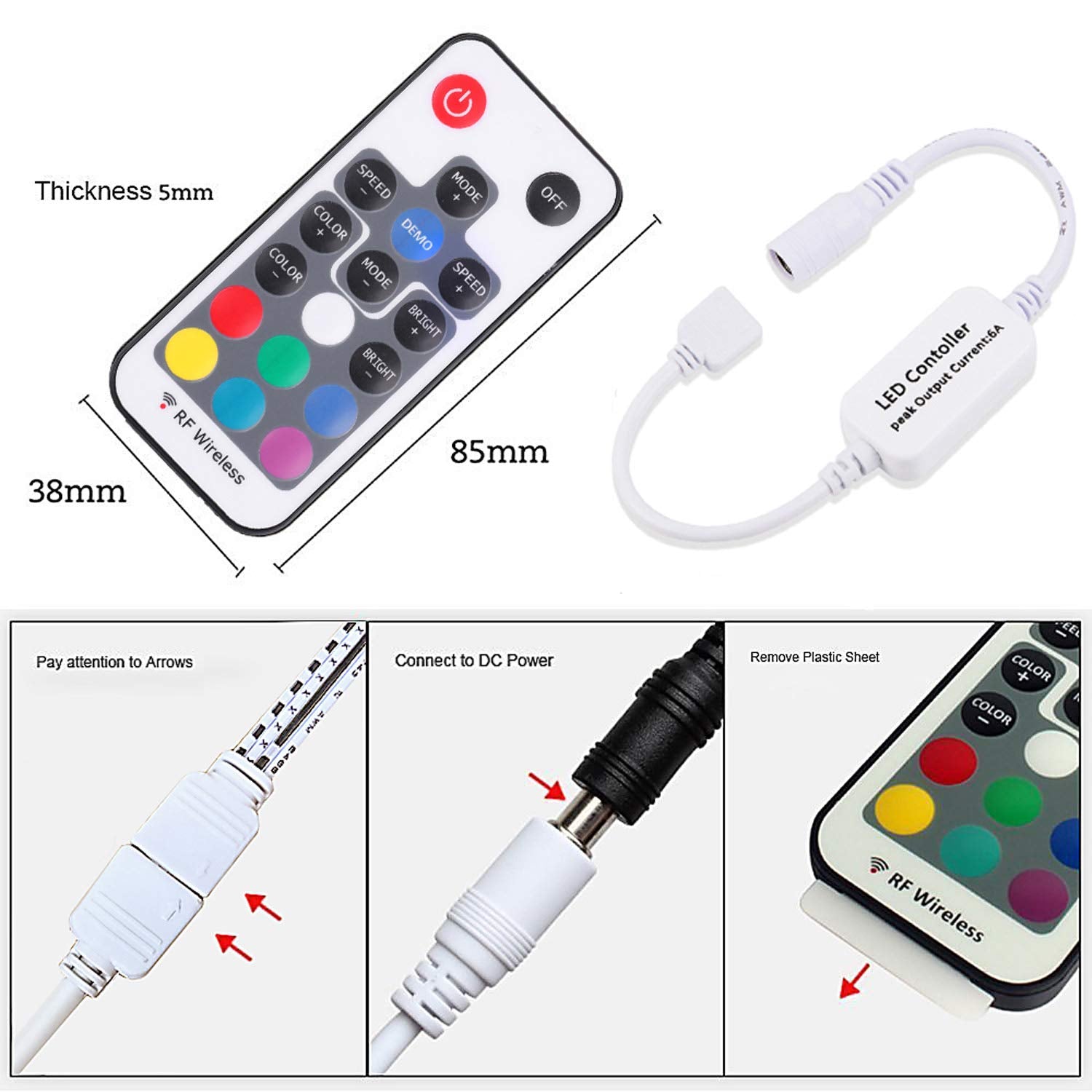 Mini Remote Controller for RGB Color LED Strip Lights, RF Dimmer for 12V DC LED Ribbon, Wireless Remote Control for Dimmable 3528 5050 Under Cabinet Puck Lights(RGB)