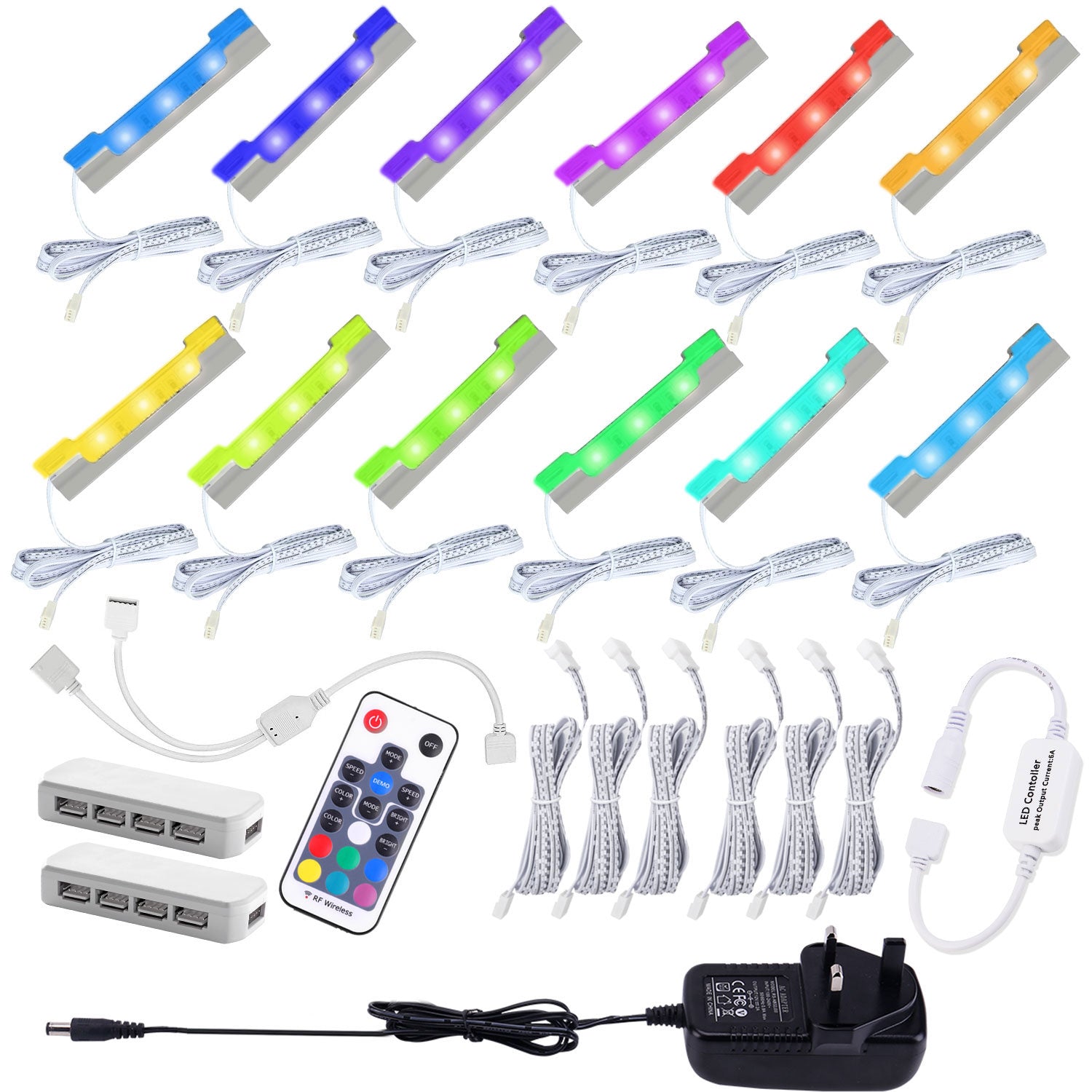 AIBOO 12 Lampen RGB Glasrand Regal Seitenclip Klemmleuchte LED Unterschrankleuchten mit Fernbedienung und Adapter