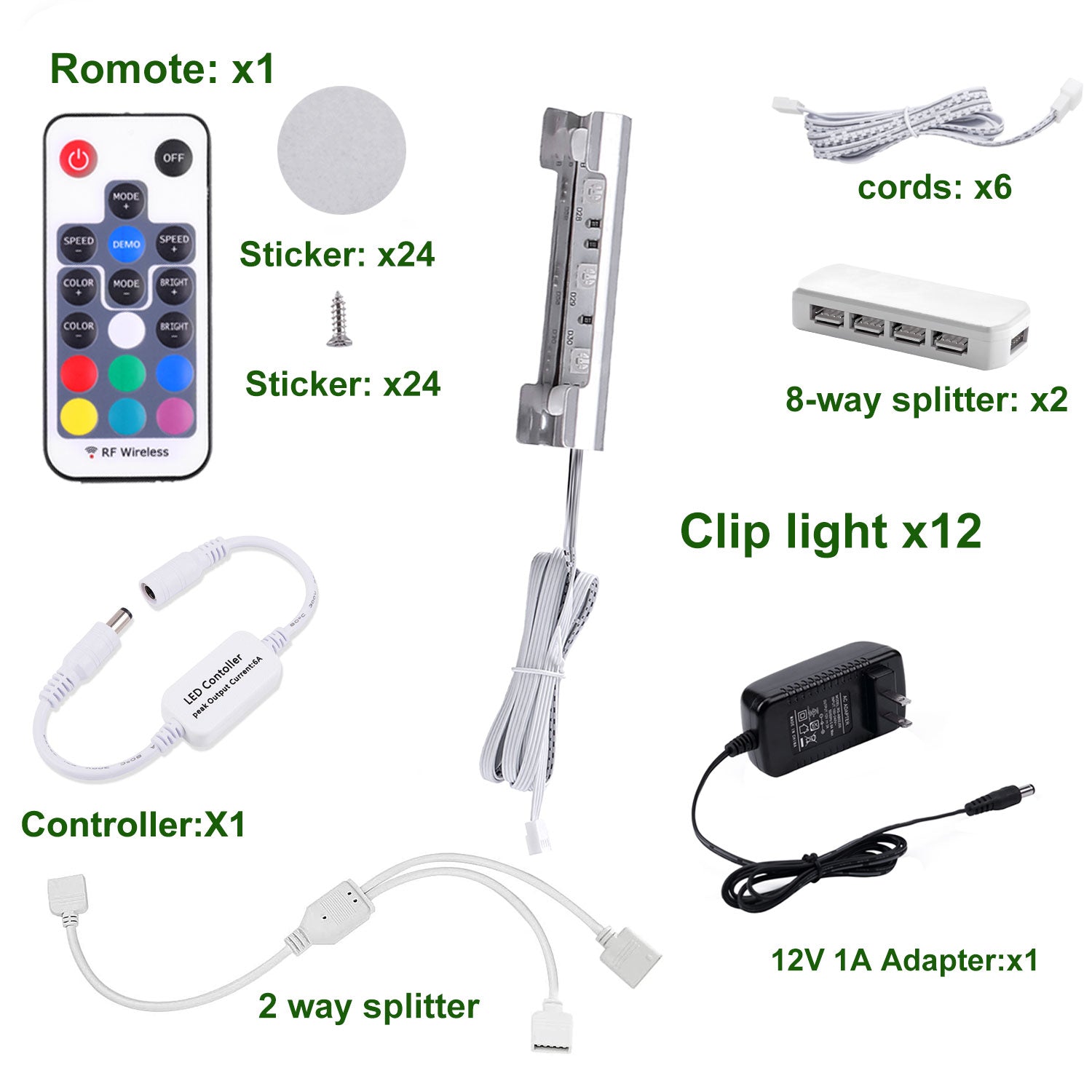 AIBOO 12 Lamps RGB Glass Edge Shelf Side Clip Clamp Light LED Under Cabinet Lights with Remote and Adapter