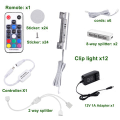 AIBOO 12 Lamps RGB Glass Edge Shelf Side Clip Clamp Light LED Under Cabinet Lights with Remote and Adapter