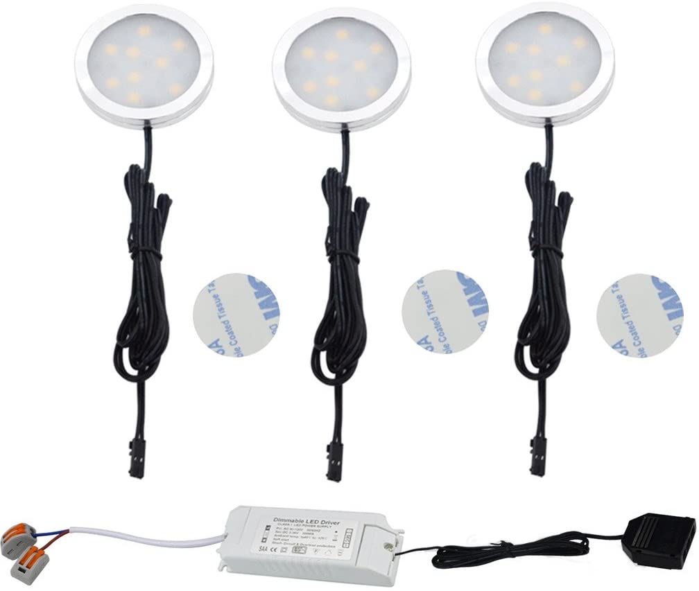 Aiboo 230 V Triac dimmbares LED-Unterschrank-Set mit 3 Puck-Leuchten und direkt verkabeltem Netzteil für die Beleuchtung der Küchentheke zu Hause (Warmweiß 3000 K) 