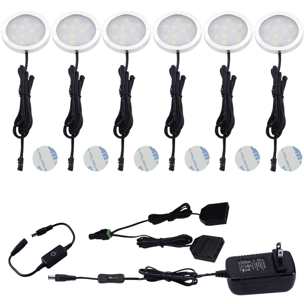 AIBOO Under Cabinet LED Puck Lights Kit with Touching Dimming Switch for Ambiance Atmosphere Night Lighting 6 Lights