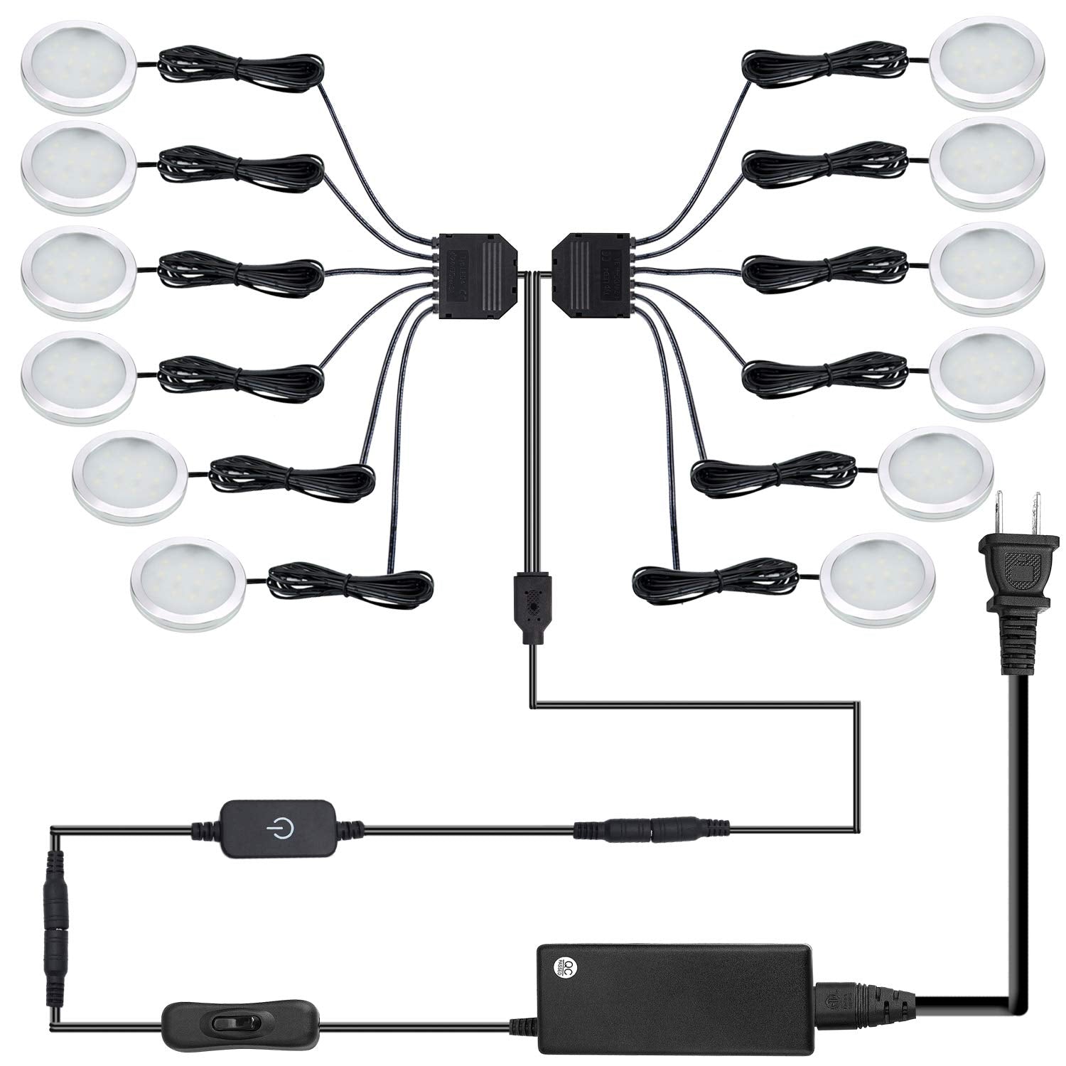 AIBOO LED-Unterschrankbeleuchtung, 12 Stück Unterbauleuchten, Touch-Dimmfunktion, fest verdrahtet oder per Stecker mit Adapter, modernes Heimlicht, Akzentleuchten 24 W, 12 Lichter