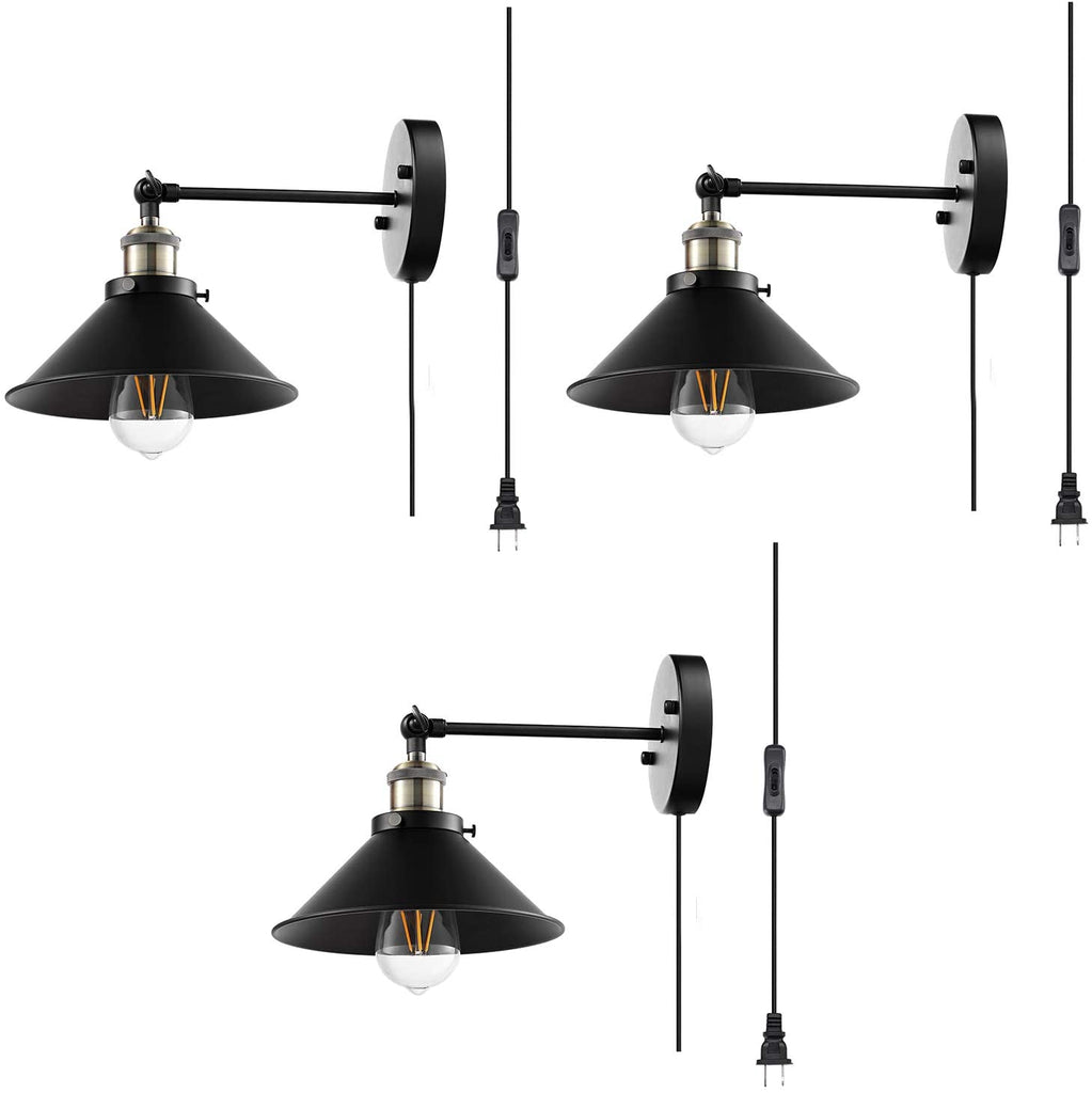 Wall Sconces Industrial Vintage Wall Lamp, Plug in Cord with on/Off Switch, Simplicity Bronze and Black Finish Arm Swing Wall Lights Fixture 3 Pack (Bulbs not Included)