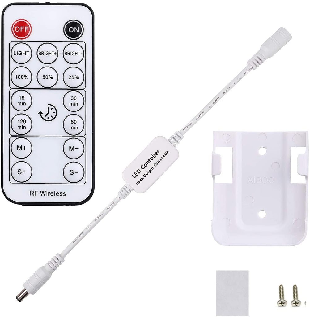 AIBOO DC 5V-24V 6A LED Controller with 16 Keys Mini RF Remote Control, Wireless Remote Dimmable and Timer Function for Single Color LED Strip Lights
