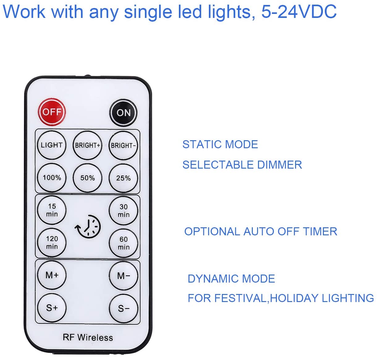 AIBOO DC 5V-24V 6A LED Controller with 16 Keys Mini RF Remote Control, Wireless Remote Dimmable and Timer Function for Single Color LED Strip Lights