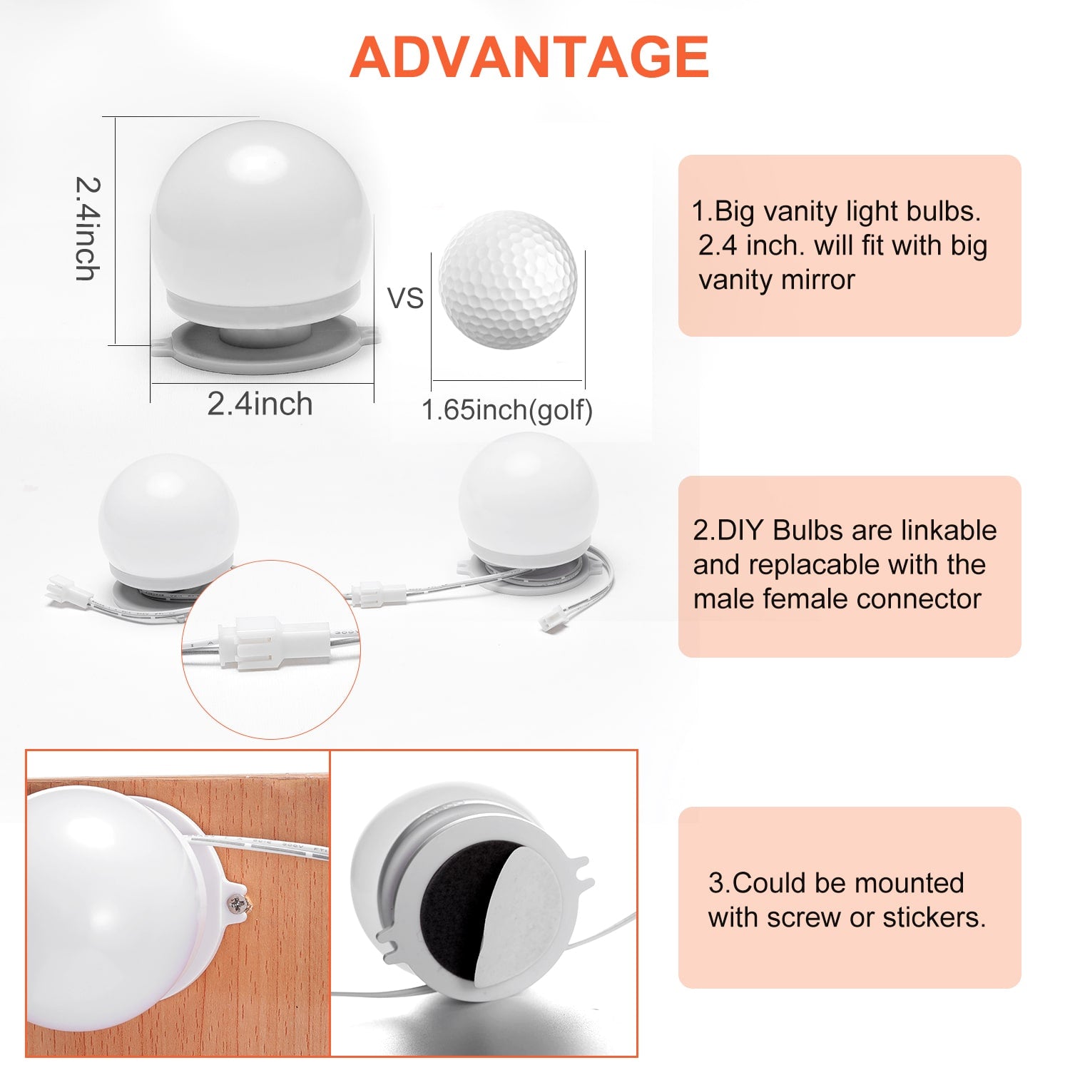 Linkable LED Makeup Mirror Lights(2700K/4000K/6000K, Plug in, 10Bulbs)