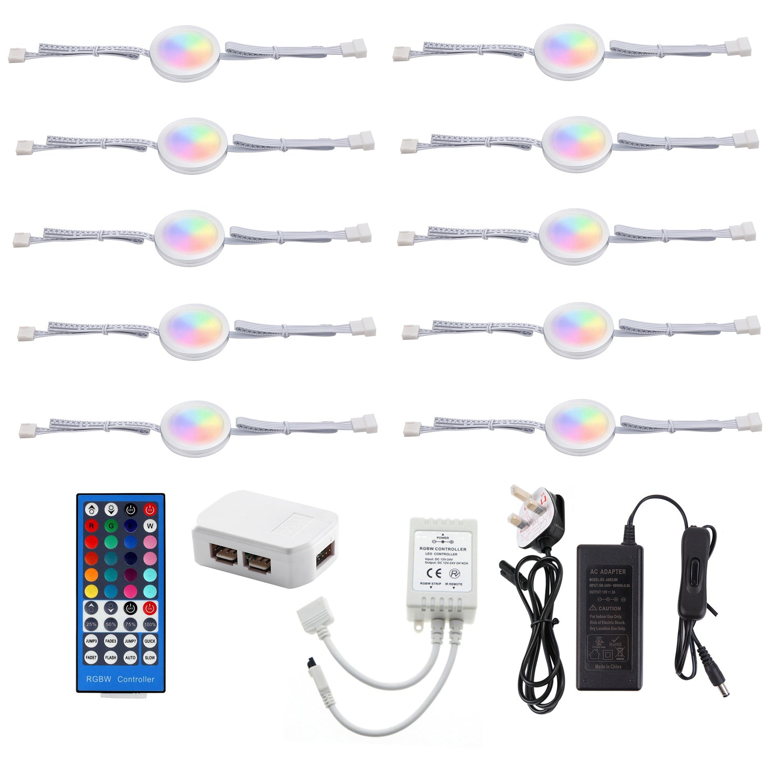 Kit d'éclairage LED sous comptoir AIBOO, éclairage sous armoire RGBW/RGBWW, lumières de rondelle colorées connectables avec télécommande IR à 40 touches (10 lumières)