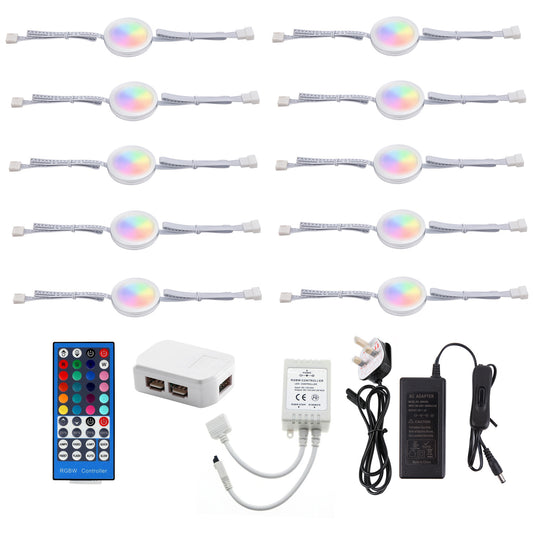 AIBOO Under Counter LED Light Kit, RGBW/RGBWW Under Cabinet Lighting, Linkable Colored Puck Lights with 40-Key IR Remote Control (10 Lights) 1500