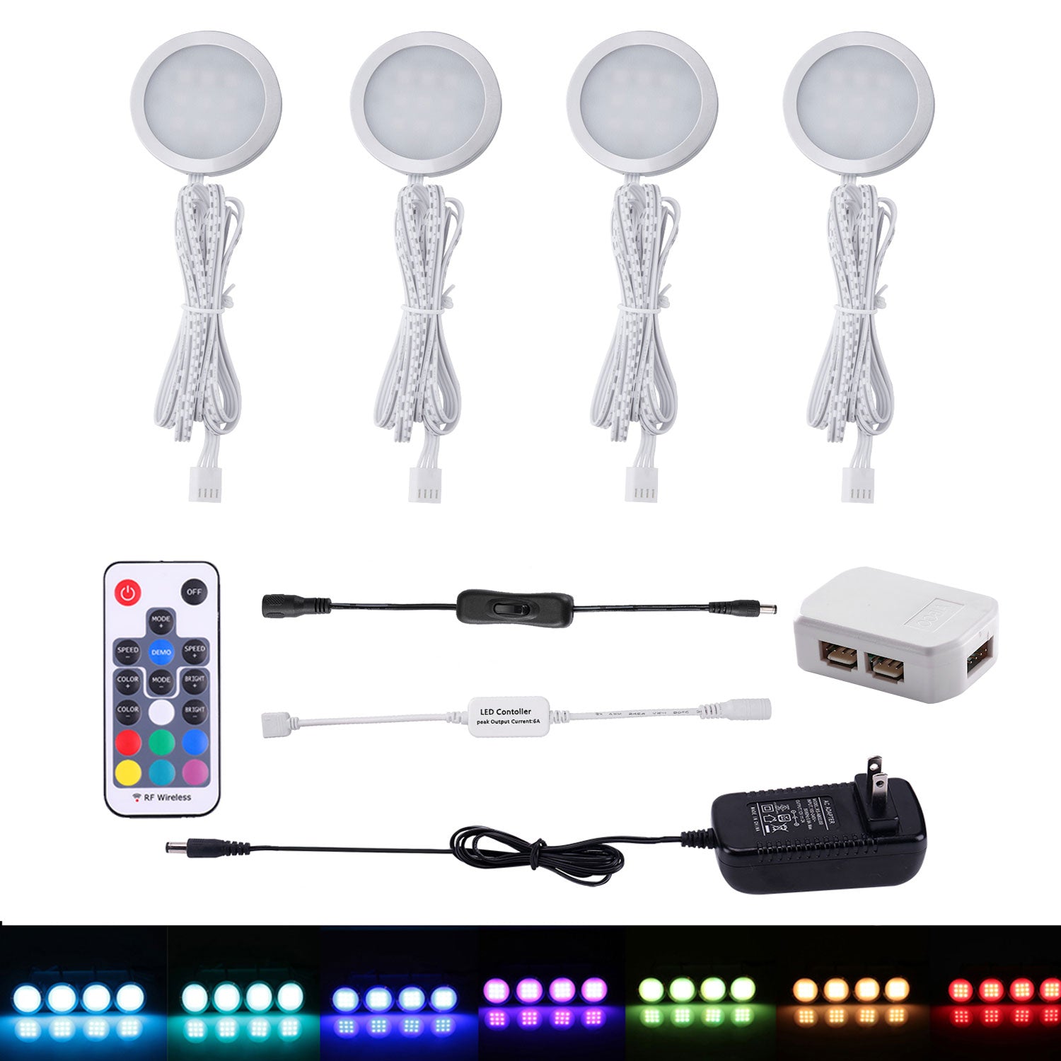 AIBOO Kit d'éclairage LED RVB à changement de couleur sous les armoires Lampes à rondelles minces en aluminium pour comptoir de cuisine, armoire, comptoir, meubles, ambiance, décoration de Noël (4 lumières)