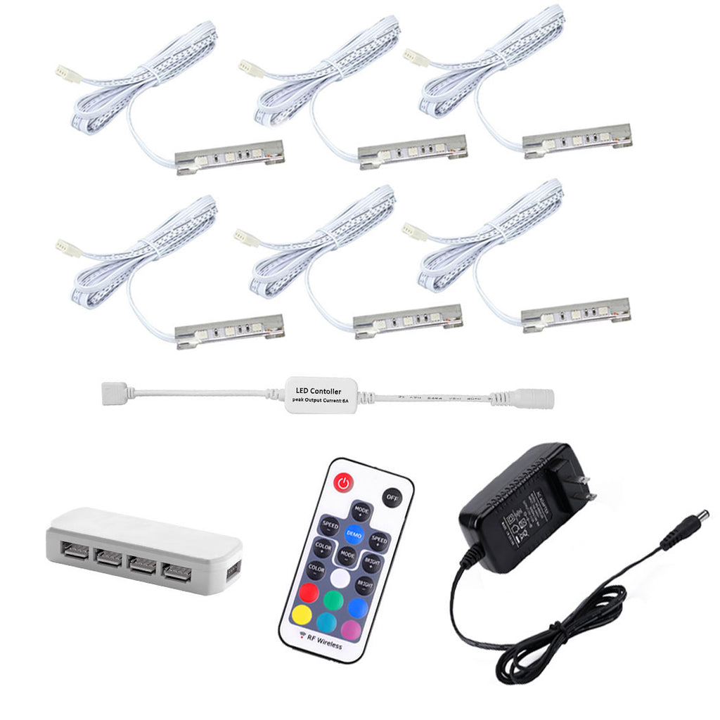 AIBOO Under Cabinet LED Lights for Glass Edge Shelf Back Side Clip Clamp Strip Lighting with RF Remote Control 6 Lamps Kit