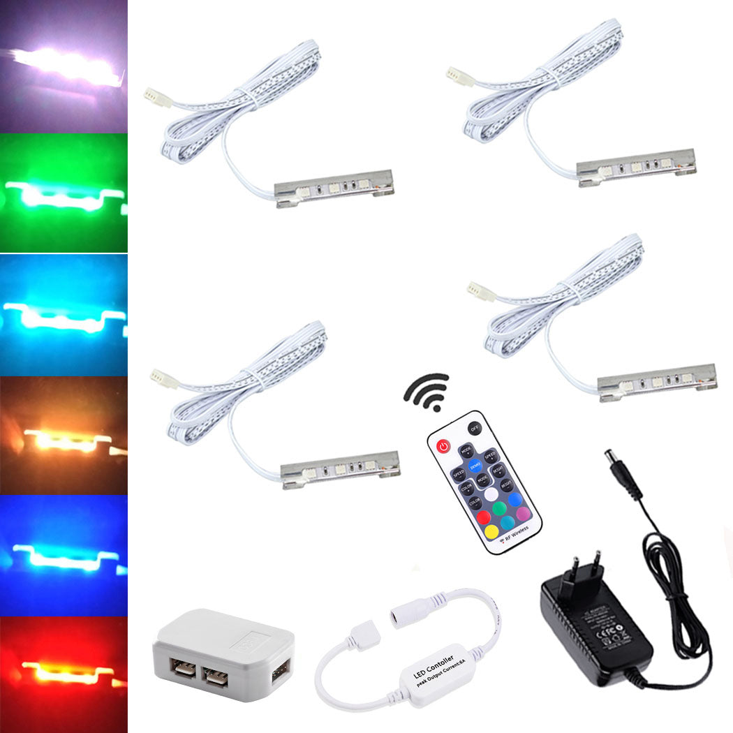 AIBOO LED-Nachtlicht-Set für unter den Schrank, zur Beleuchtung der Rückseite von Glaskantenregalen mit flexiblem Kabel und Clip, mit RF-Fernbedienung, 4 RGB-Lichter