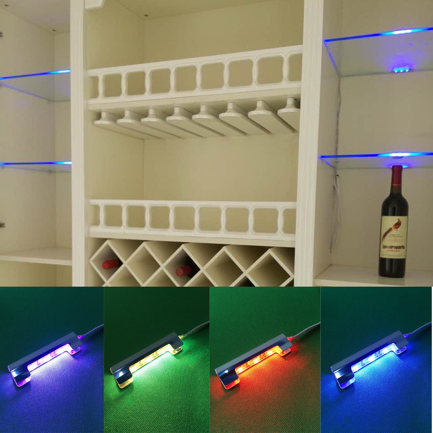 AIBOO LED-Nachtlicht-Set für unter den Schrank, zur Beleuchtung der Rückseite von Glaskantenregalen mit flexiblem Kabel und Clip, mit RF-Fernbedienung, 4 RGB-Lichter