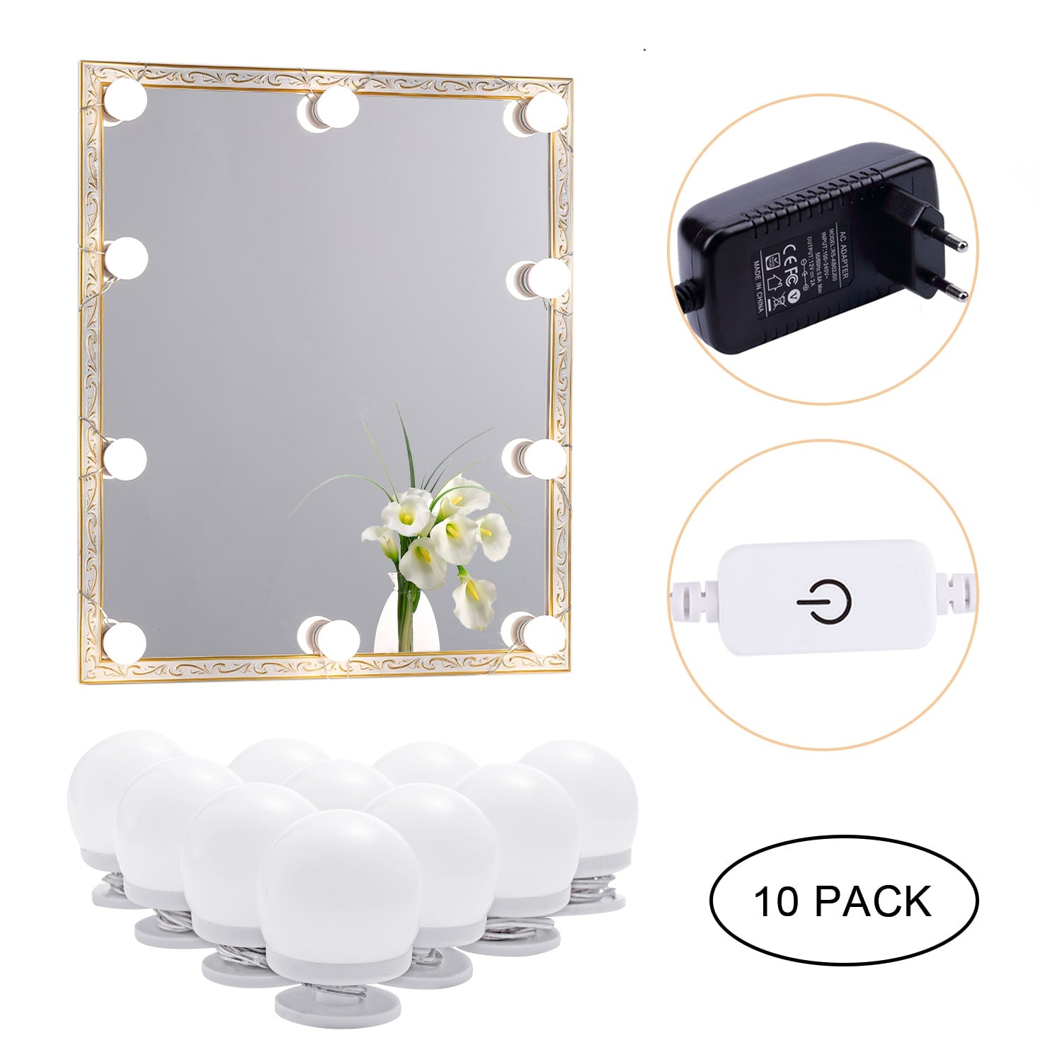 Lumières LED pour miroir de maquillage (4000 K, 10 ampoules, à brancher), miroir non inclus 