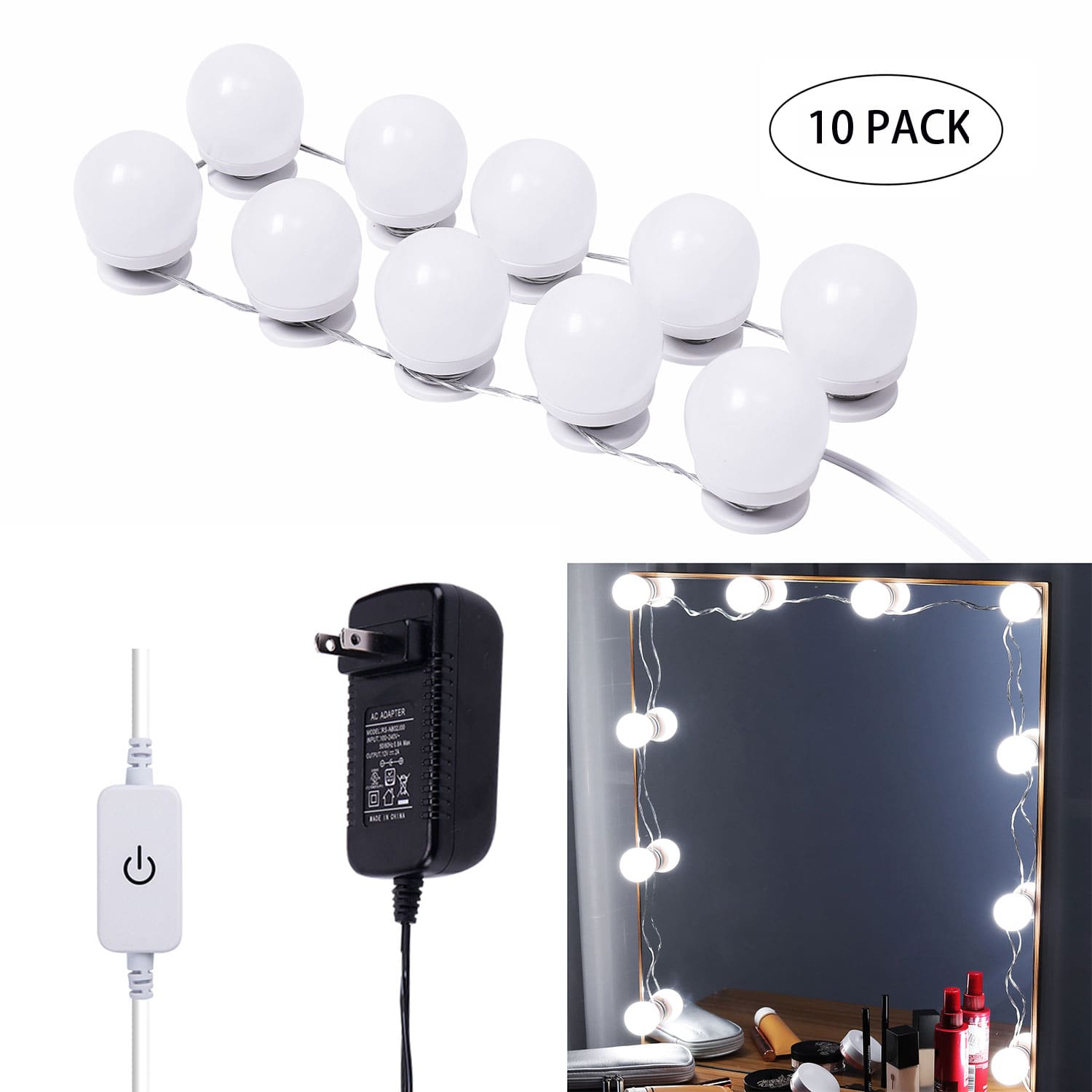 Lumières LED pour miroir de maquillage (4000 K, 10 ampoules, à brancher), miroir non inclus 