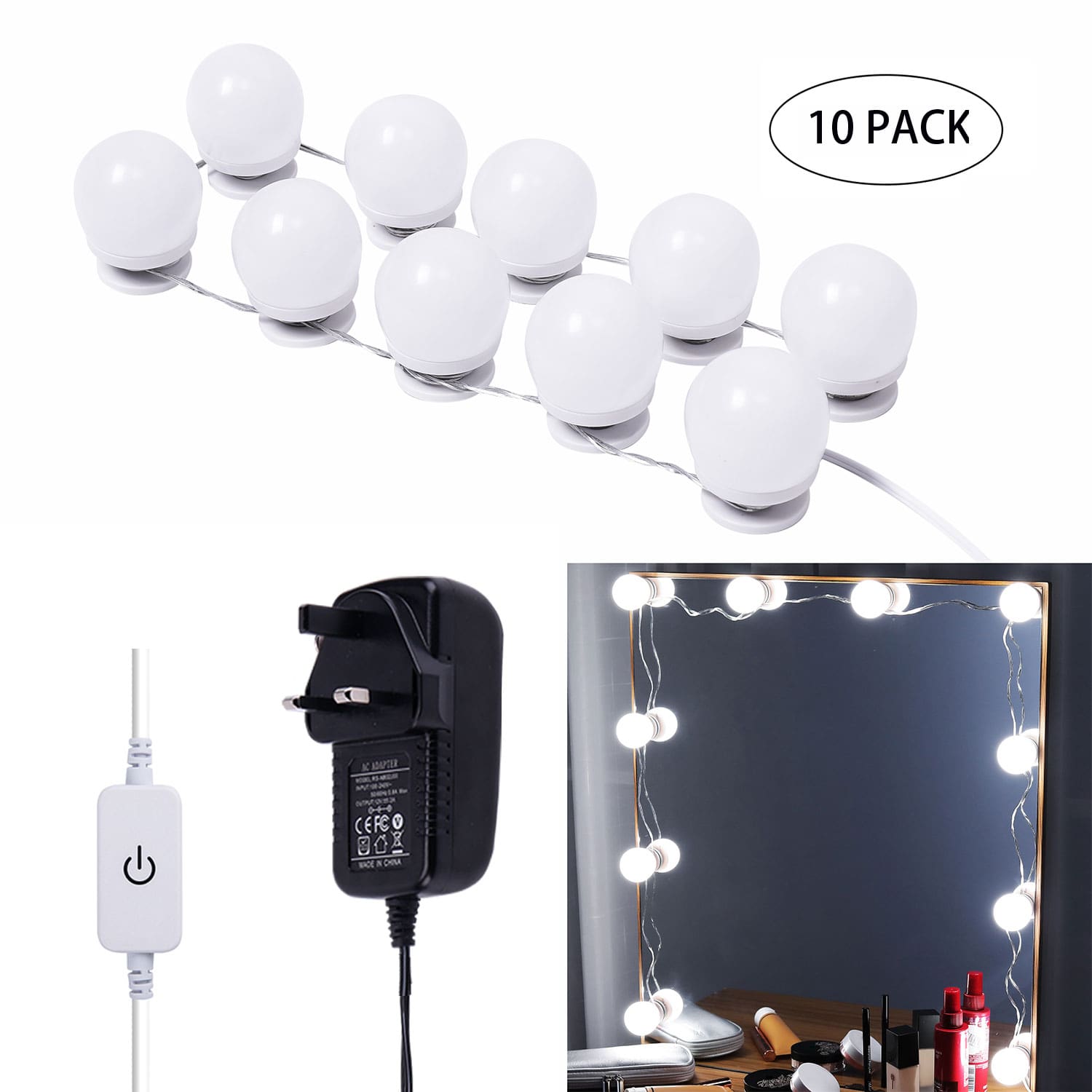 Lumières LED pour miroir de maquillage (4000 K, 10 ampoules, à brancher), miroir non inclus 