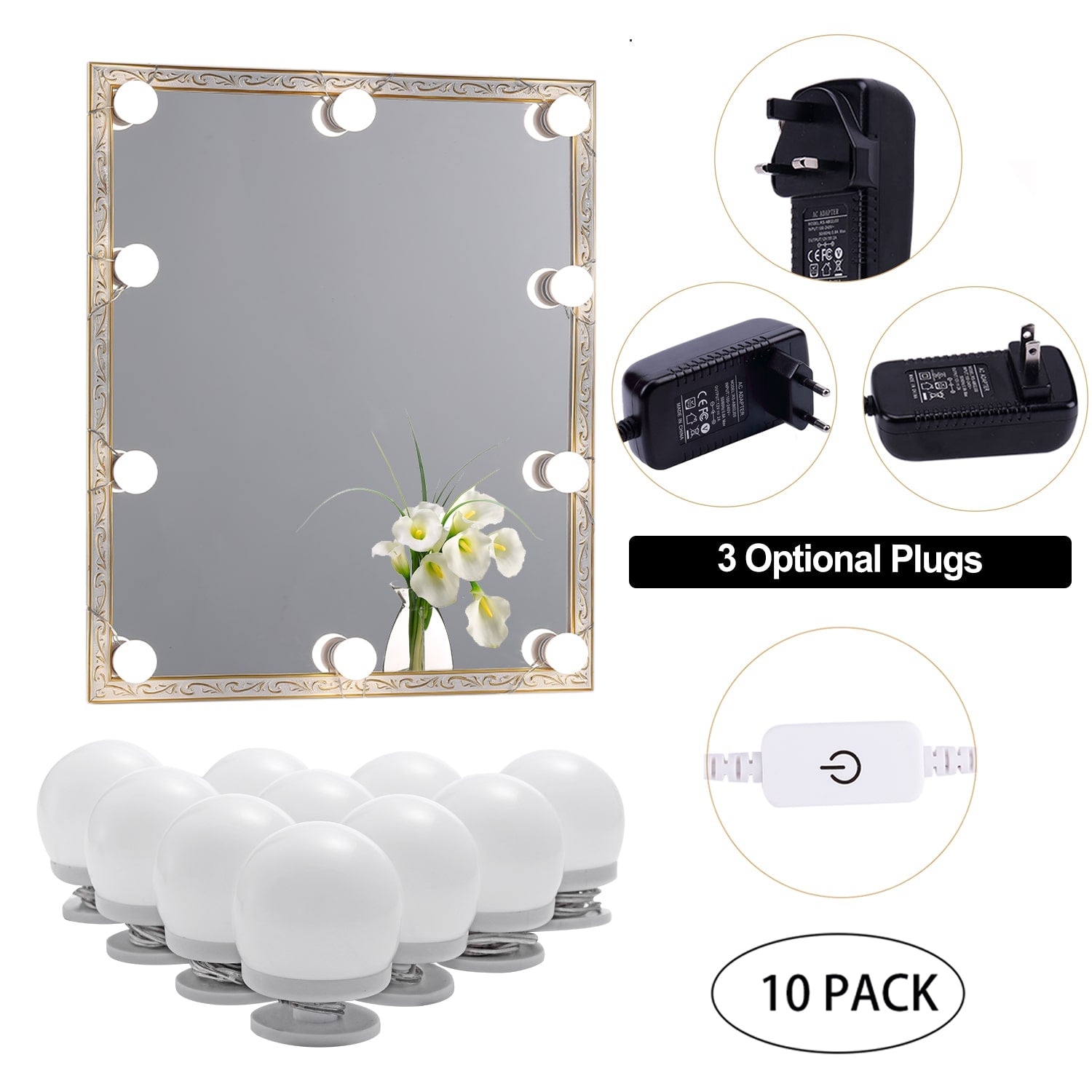 Lumières LED pour miroir de maquillage (4000 K, 10 ampoules, à brancher), miroir non inclus 