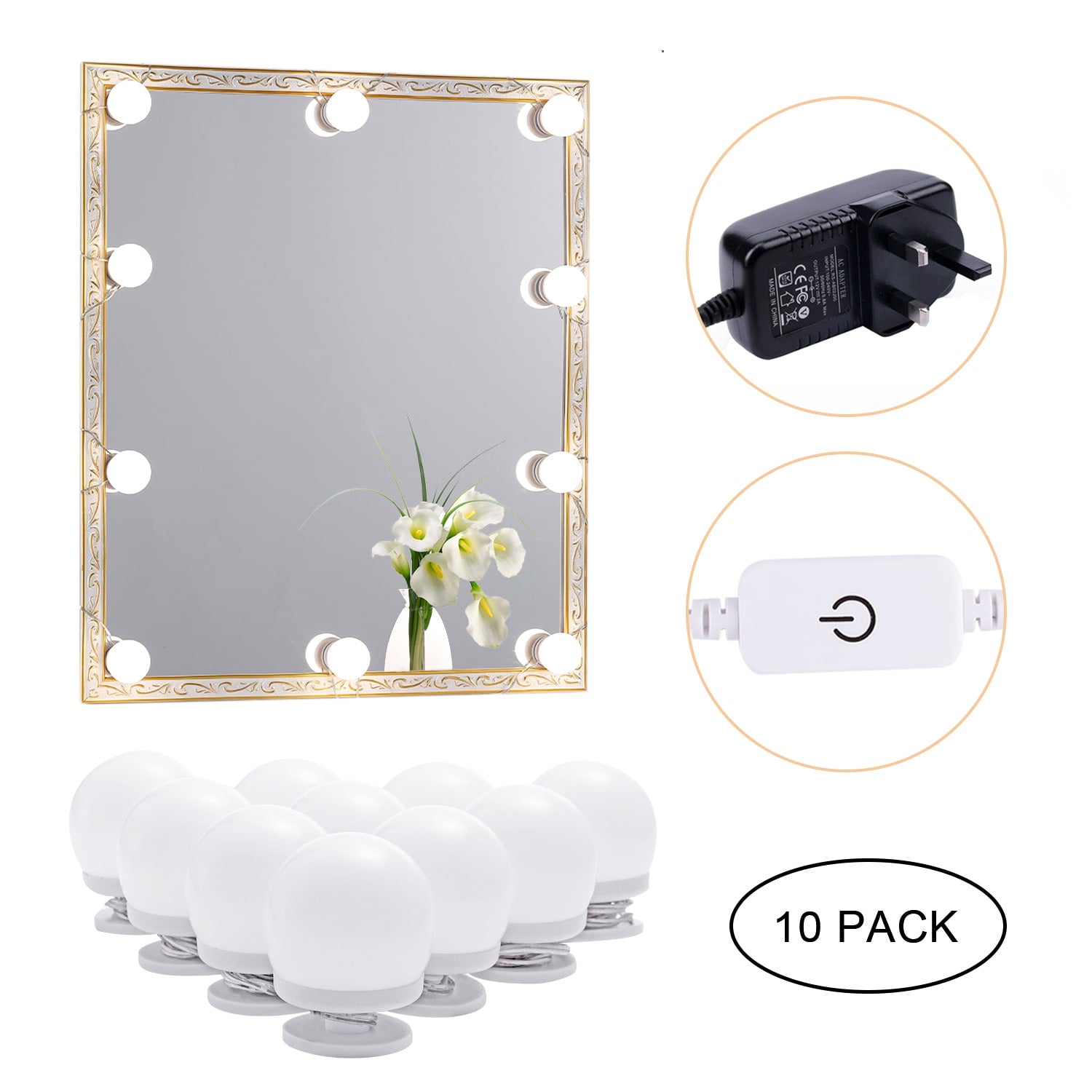 Lumières LED pour miroir de maquillage (4000 K, 10 ampoules, à brancher), miroir non inclus 