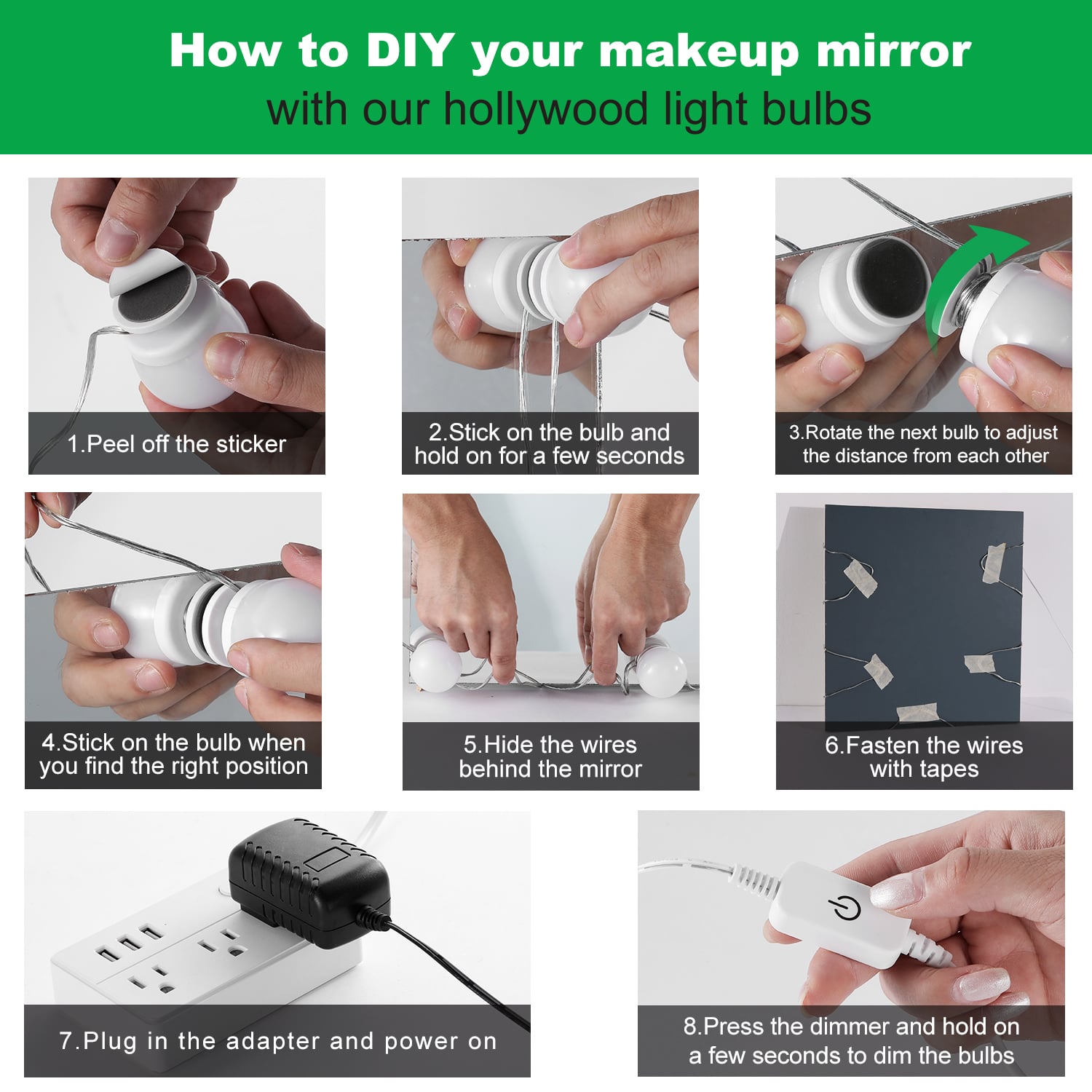 Lumières LED pour miroir de maquillage (4000 K, 10 ampoules, à brancher), miroir non inclus 