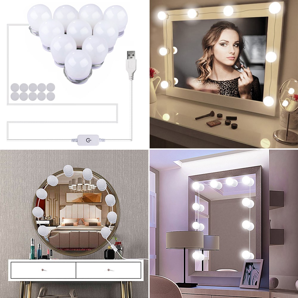 Lumières de maquillage à LED pour miroir (4000 K, 10 ampoules 5 V USB) Miroir non inclus