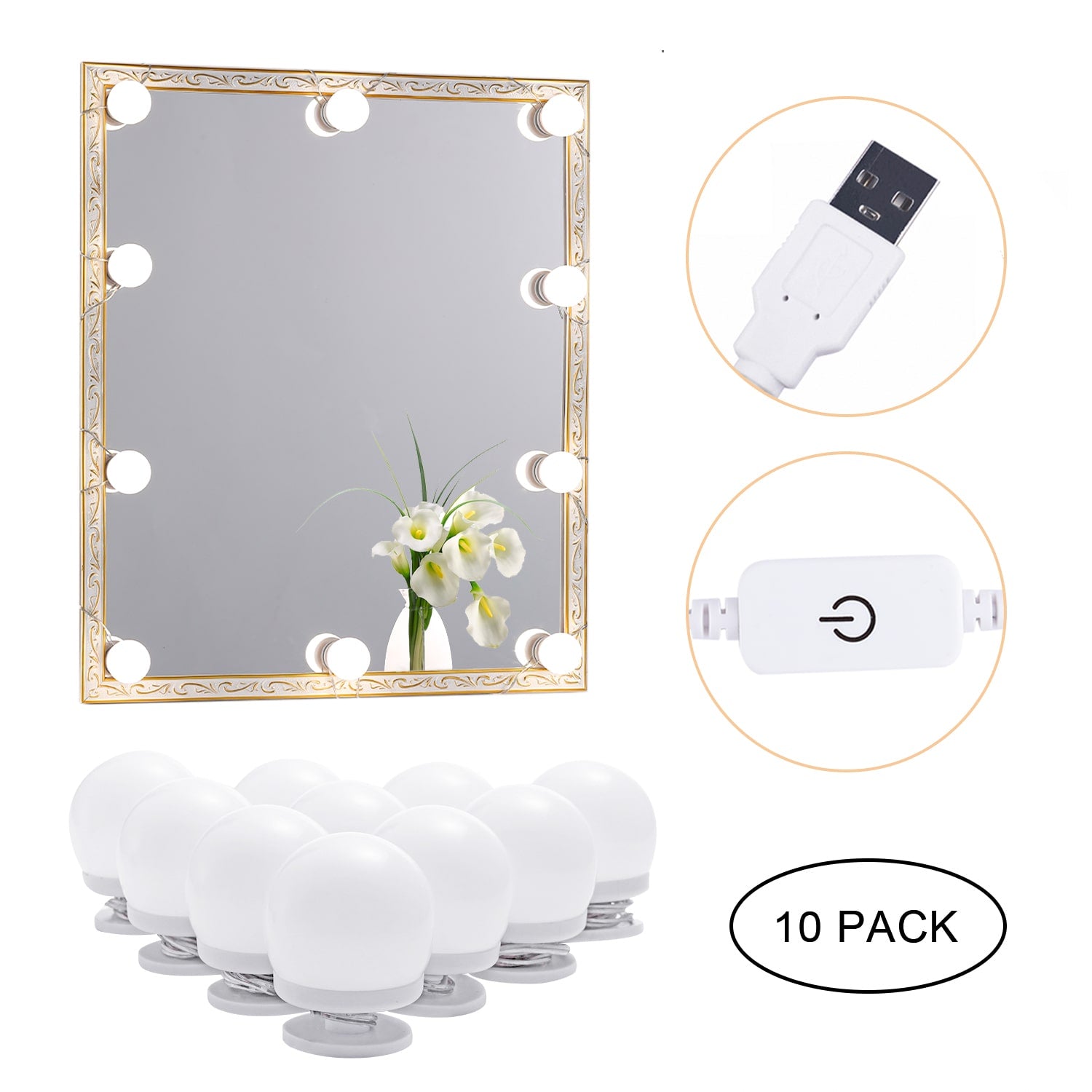 LED Mirror Makeup Lights (4000K, 10 Bulbs 5V USB) Mirror Not Included