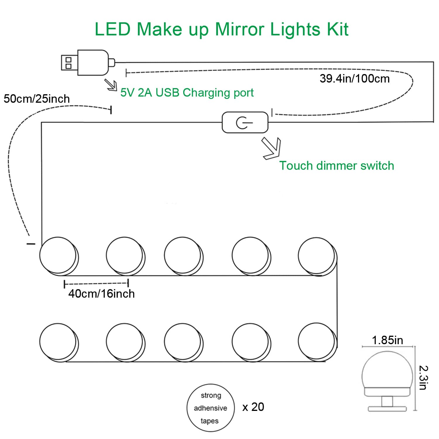 LED Mirror Makeup Lights (4000K, 10 Bulbs 5V USB) Mirror Not Included