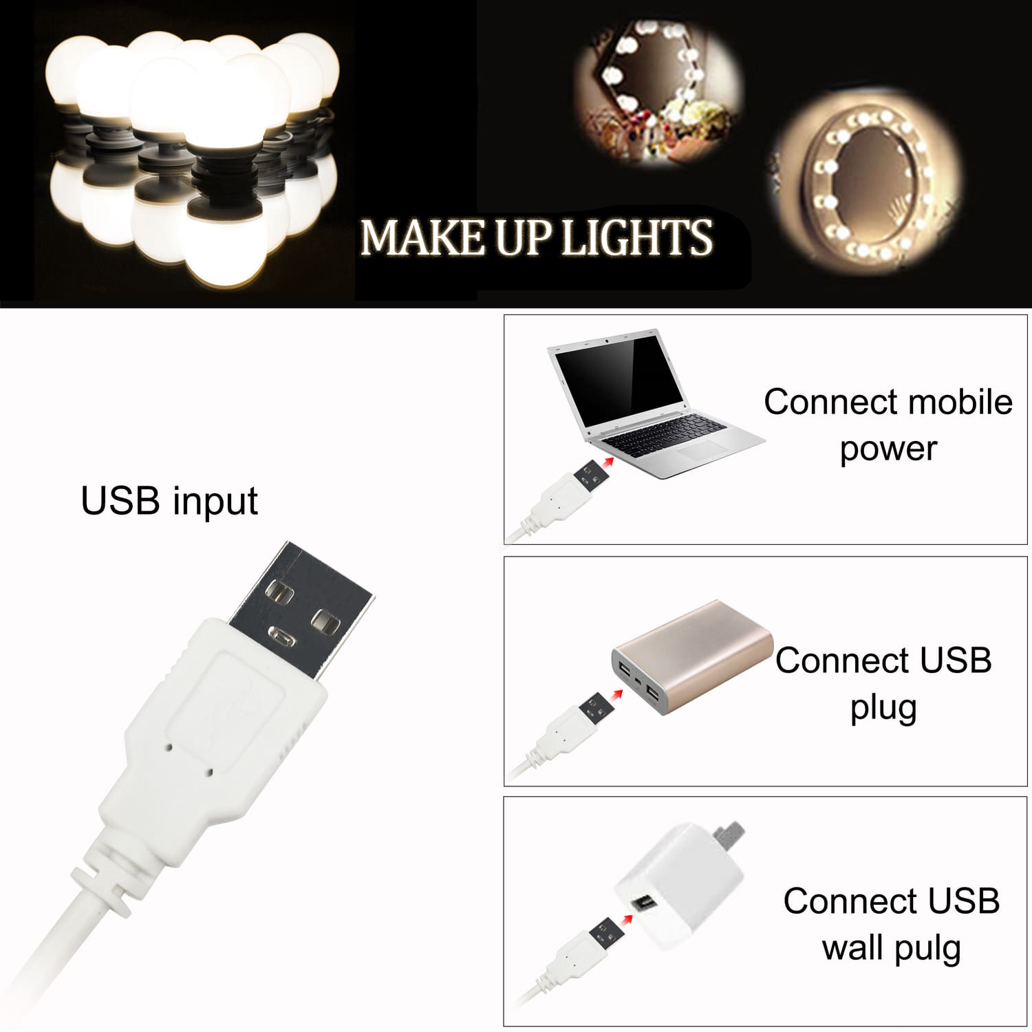 Lumières de maquillage à LED pour miroir (4000 K, 10 ampoules 5 V USB) Miroir non inclus