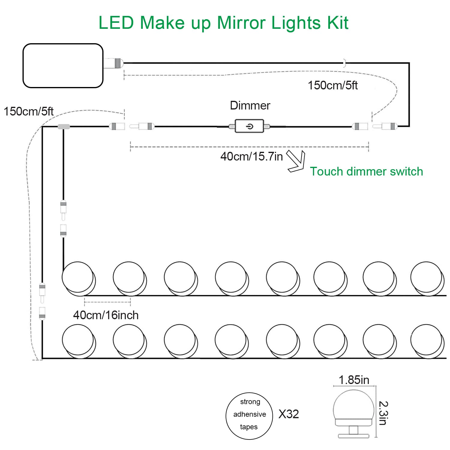 Lumières pour miroir de maquillage (4000K, 16 ampoules, à brancher) Miroir non inclus