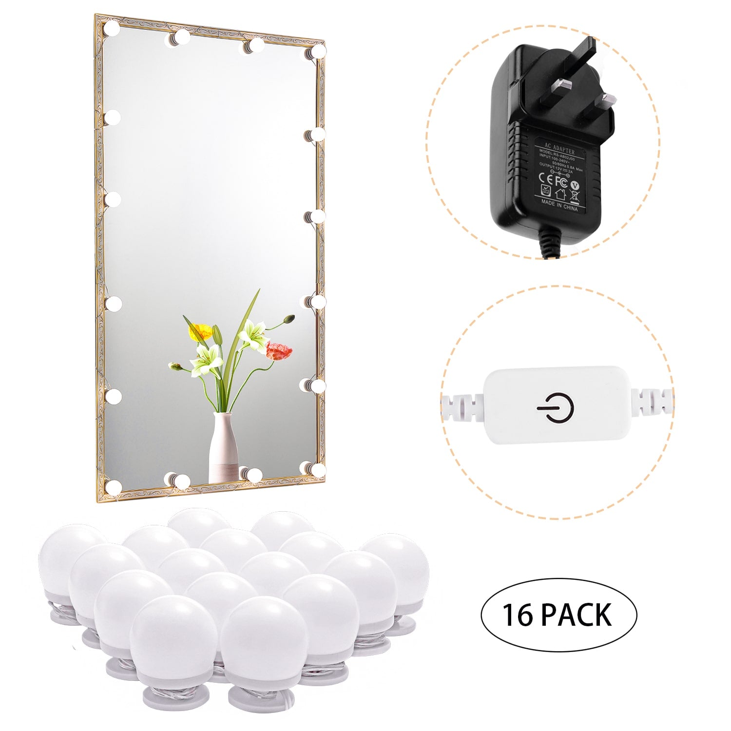 Lumières pour miroir de maquillage (4000K, 16 ampoules, à brancher) Miroir non inclus