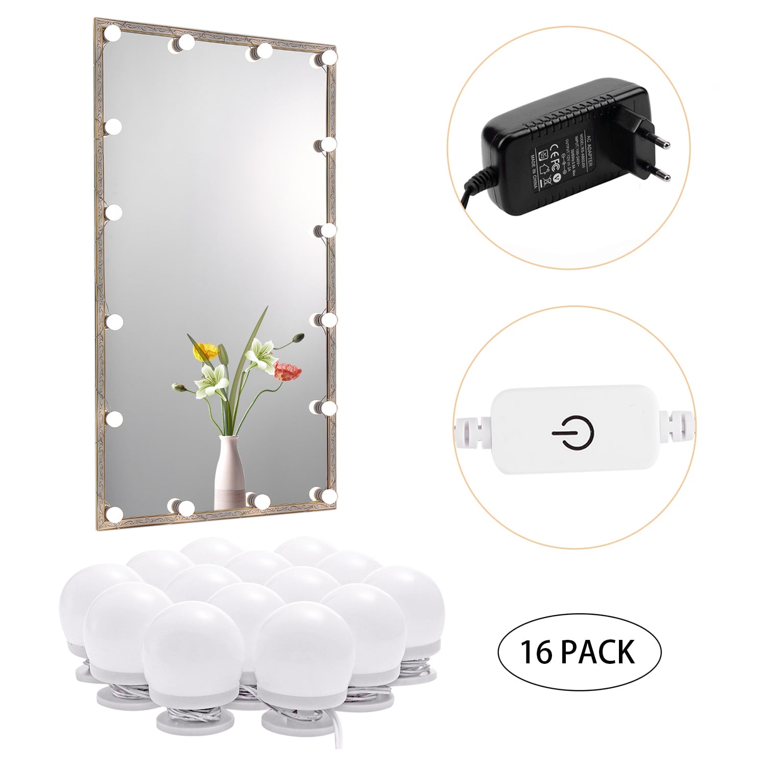 Lumières pour miroir de maquillage (4000K, 16 ampoules, à brancher) Miroir non inclus