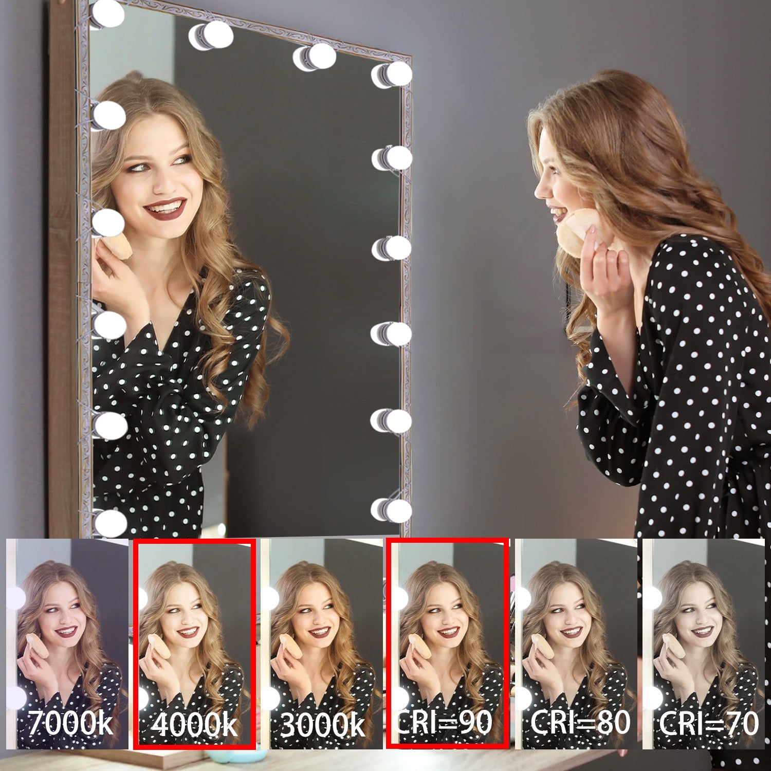 Lumières LED pour miroir de maquillage (4000 K, 14 ampoules, USB 5 V) Miroir non inclus