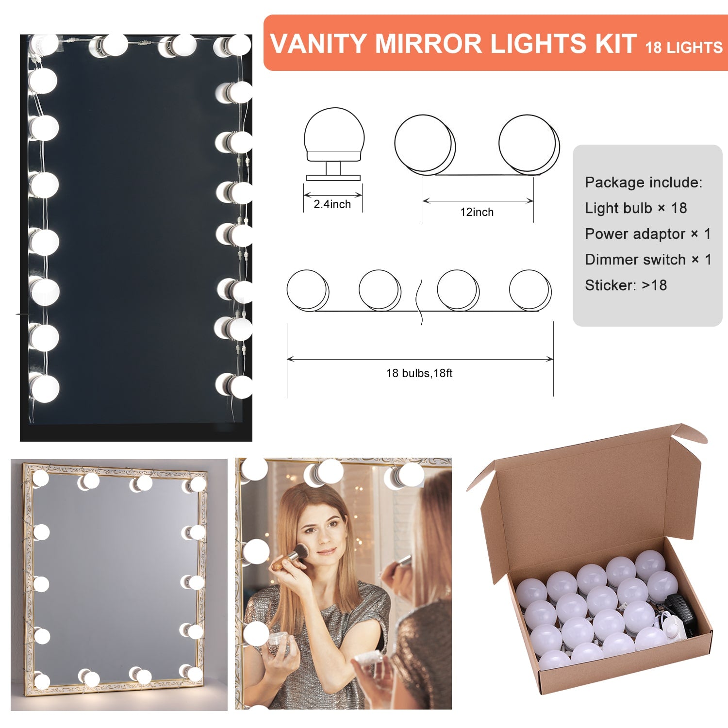 Linkable LED Makeup Mirror Lights(2700K/4000K/6000K, Plug in, 18Bulbs)