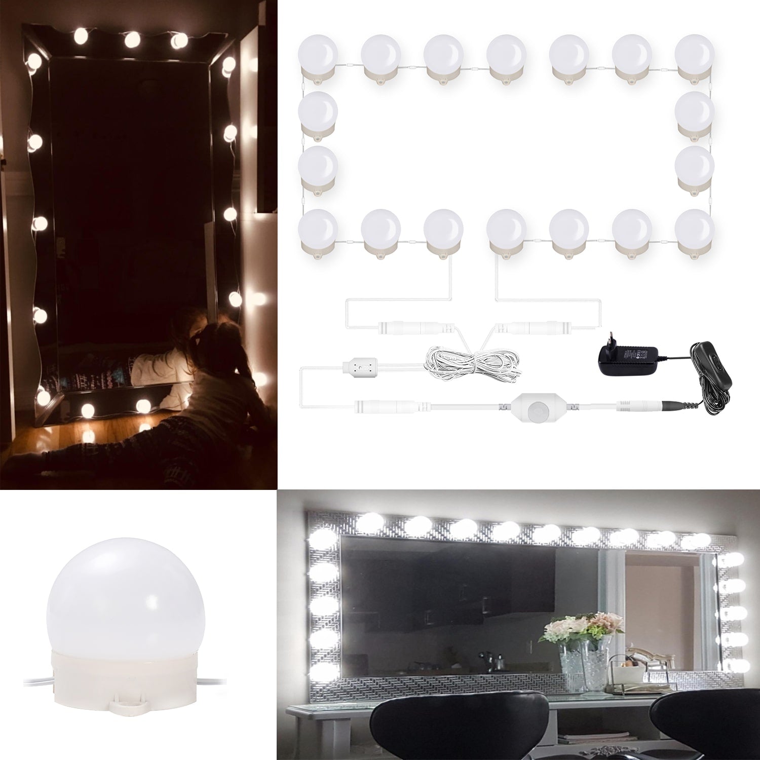 Linkable LED Makeup Mirror Lights(2700K/4000K/6000K, Plug in, 18Bulbs)