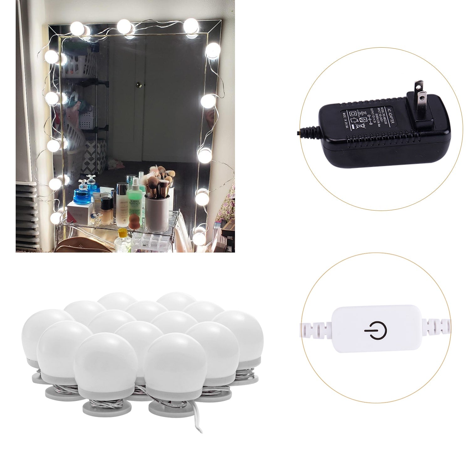 LED Makeup Mirror Lights Stick on(4000K, 14Bulbs, Plug in), Mirror Not Included