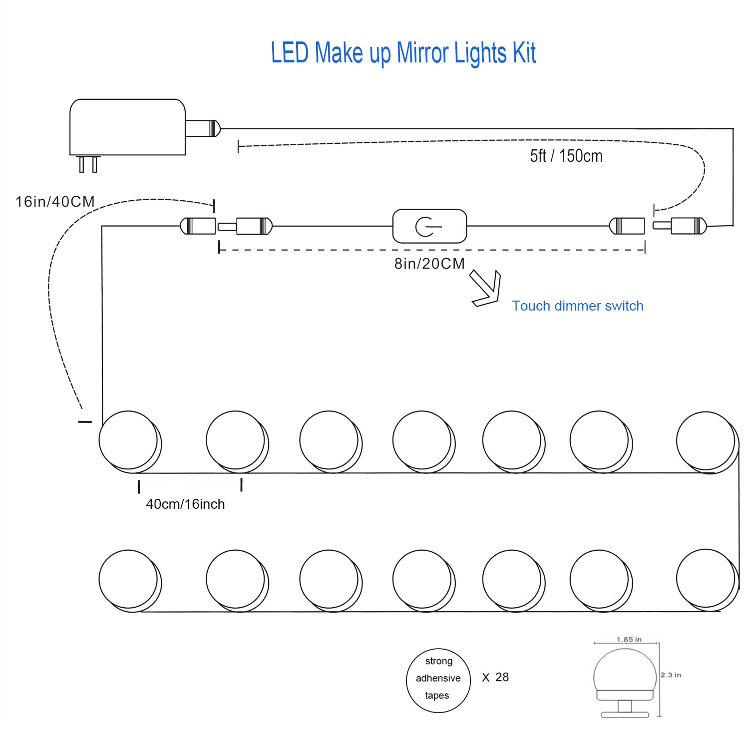 LED Makeup Mirror Lights Stick on(4000K, 14Bulbs, Plug in), Mirror Not Included