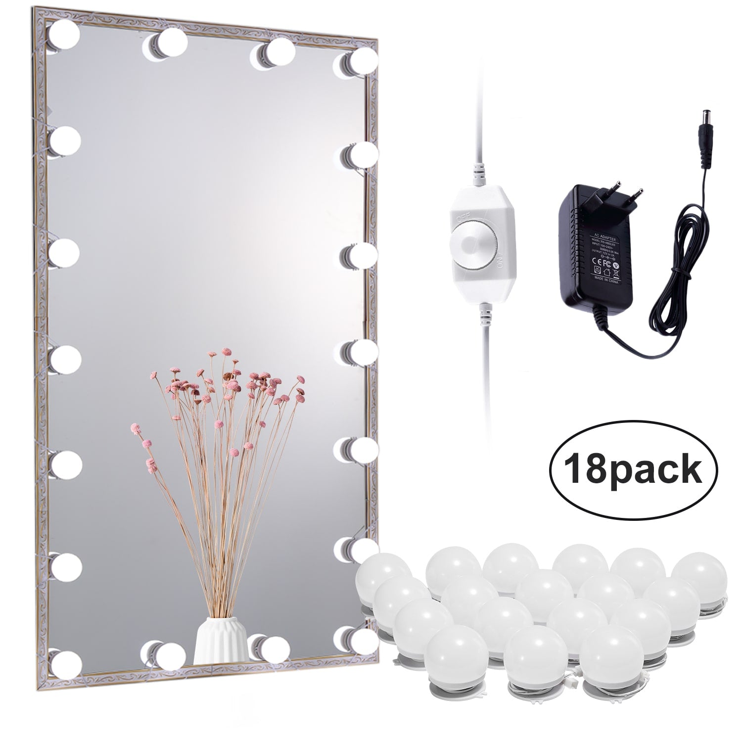 Linkable LED Makeup Mirror Lights(2700K/4000K/6000K, Plug in, 18Bulbs)