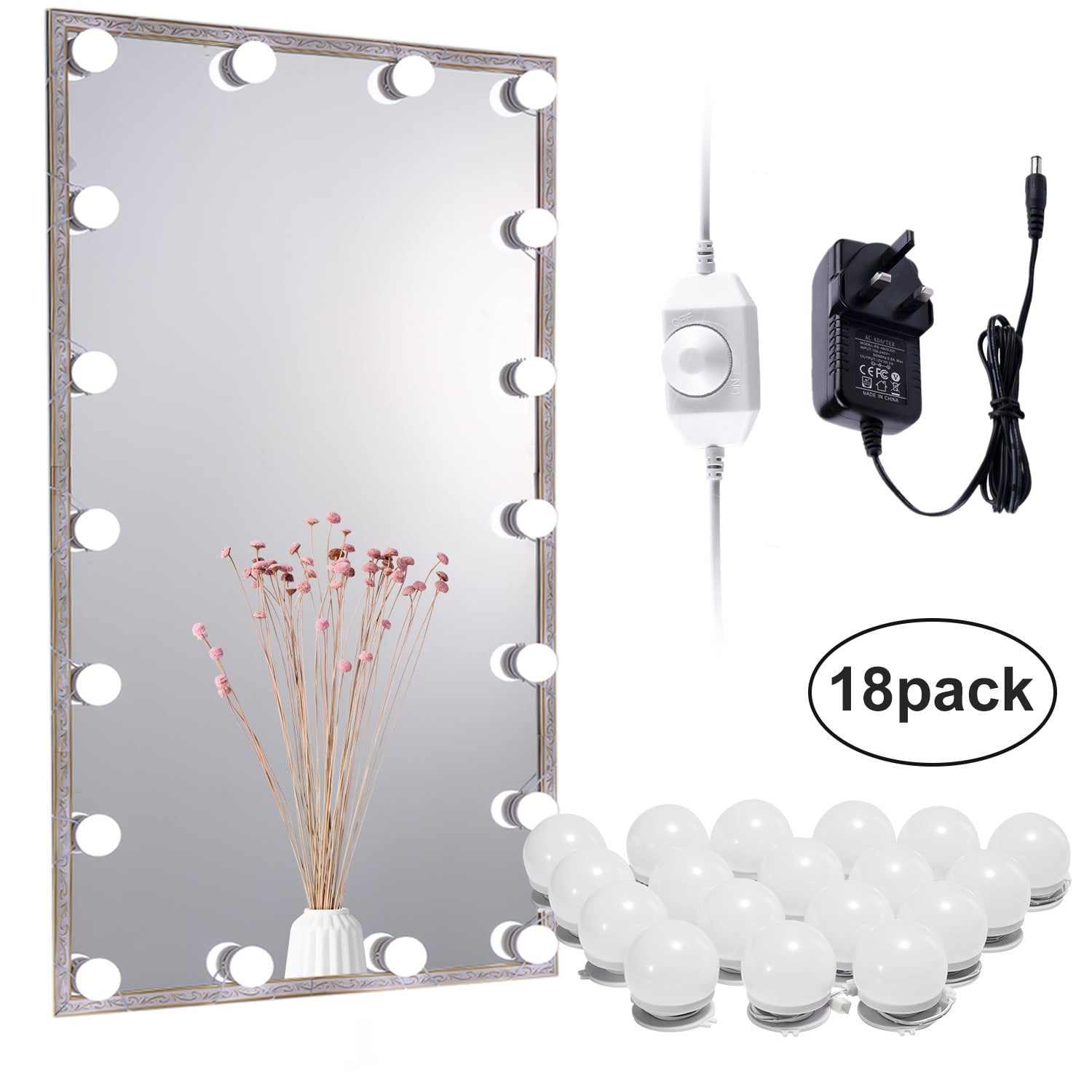 Linkable LED Makeup Mirror Lights(2700K/4000K/6000K, Plug in, 18Bulbs)