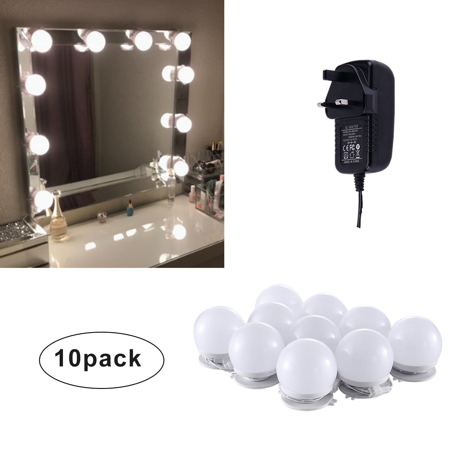 Linkable LED Makeup Mirror Lights(2700K/4000K/6000K, Plug in, 10Bulbs)