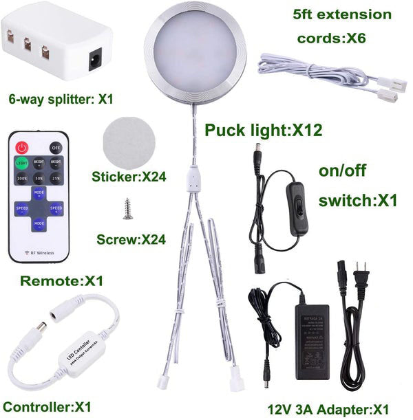 AIBOO Éclairage LED sous armoire connectable 12 V à intensité variable avec télécommande RF sans fil, prise murale pour éclairage d'ambiance de cuisine (kit de 12 lumières) 