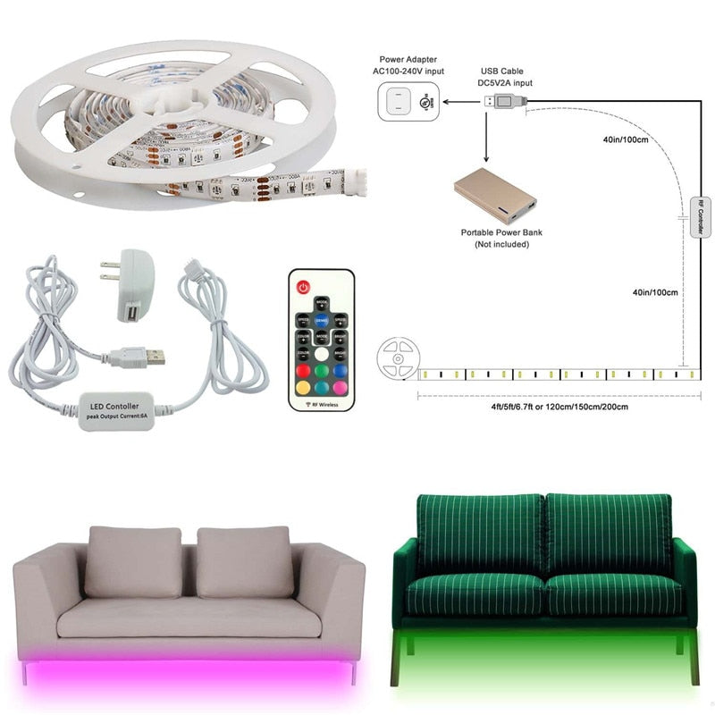 Remote Controlled RGB LED Strips for Entrance Closet Staircase Bed Couch Lighting