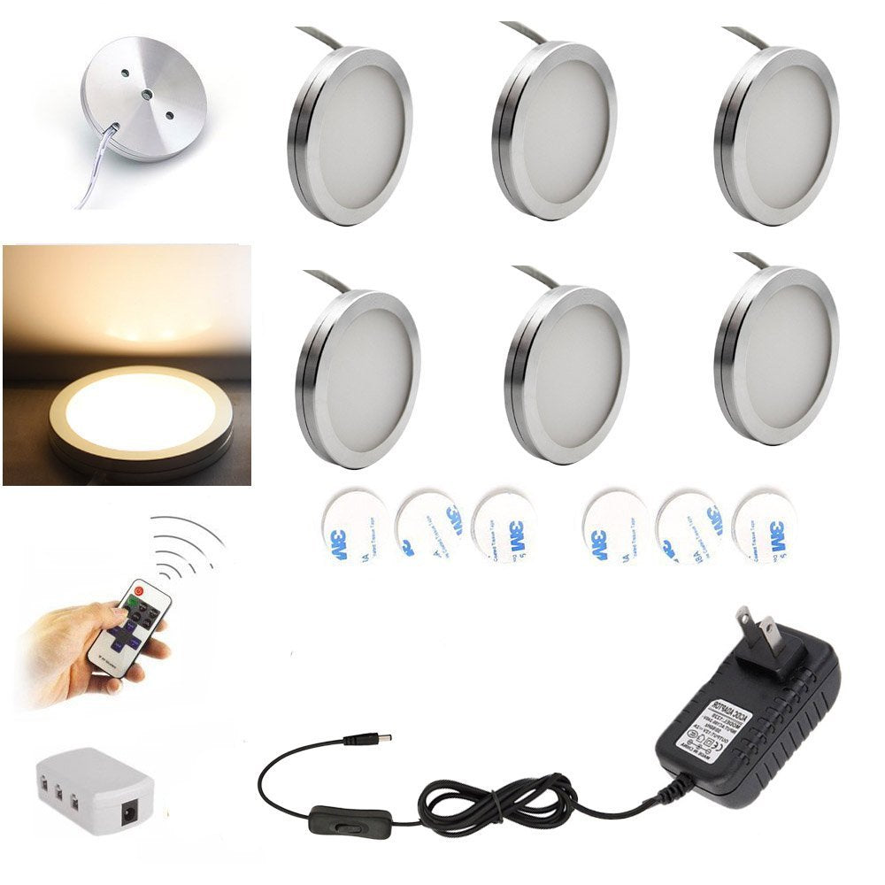 AIBOO LED Éclairage sous armoire 6PCS LED Puck Lights avec télécommande RF sans fil à intensité variable pour sous comptoir, étagères et meubles (fil blanc) 