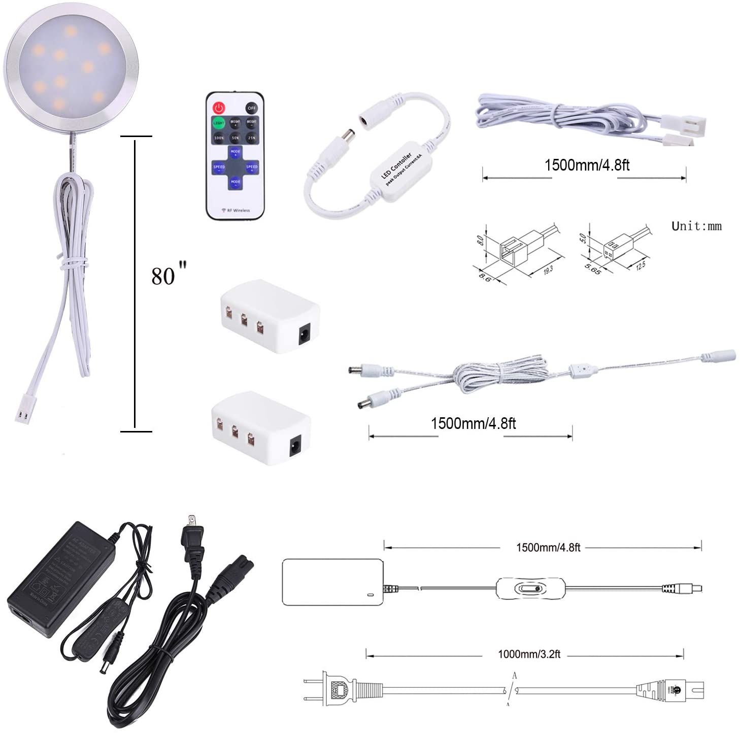 Kit d'éclairage sous comptoir AIBOO, 12 rondelles lumineuses LED 4000 K enfichables, luminaires blancs ultra-minces à intensité variable 24 W pour éclairage d'armoires de cuisine, d'armoires à vin, de placards et de vitrines 