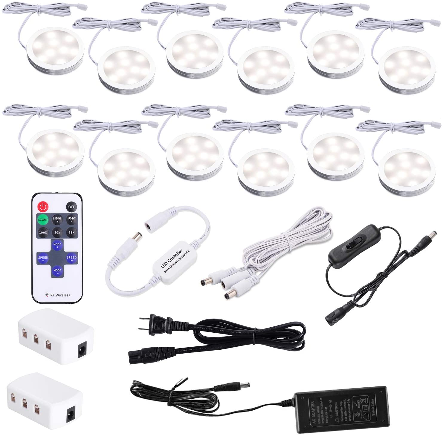 Kit d'éclairage sous comptoir AIBOO, 12 rondelles lumineuses LED 4000 K enfichables, luminaires blancs ultra-minces à intensité variable 24 W pour éclairage d'armoires de cuisine, d'armoires à vin, de placards et de vitrines 