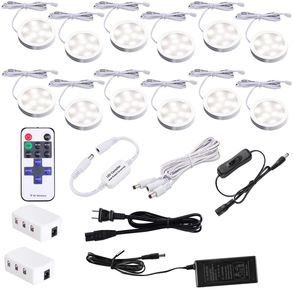 AIBOO Under Counter Lighting Kit,12 pcs 4000K Plug in LED Puck Lights,24W Ultra Slim Dimmable White Fixtures for Kitchen Cabinet,Wine Cabinet,Closet and Showcase Lighting
