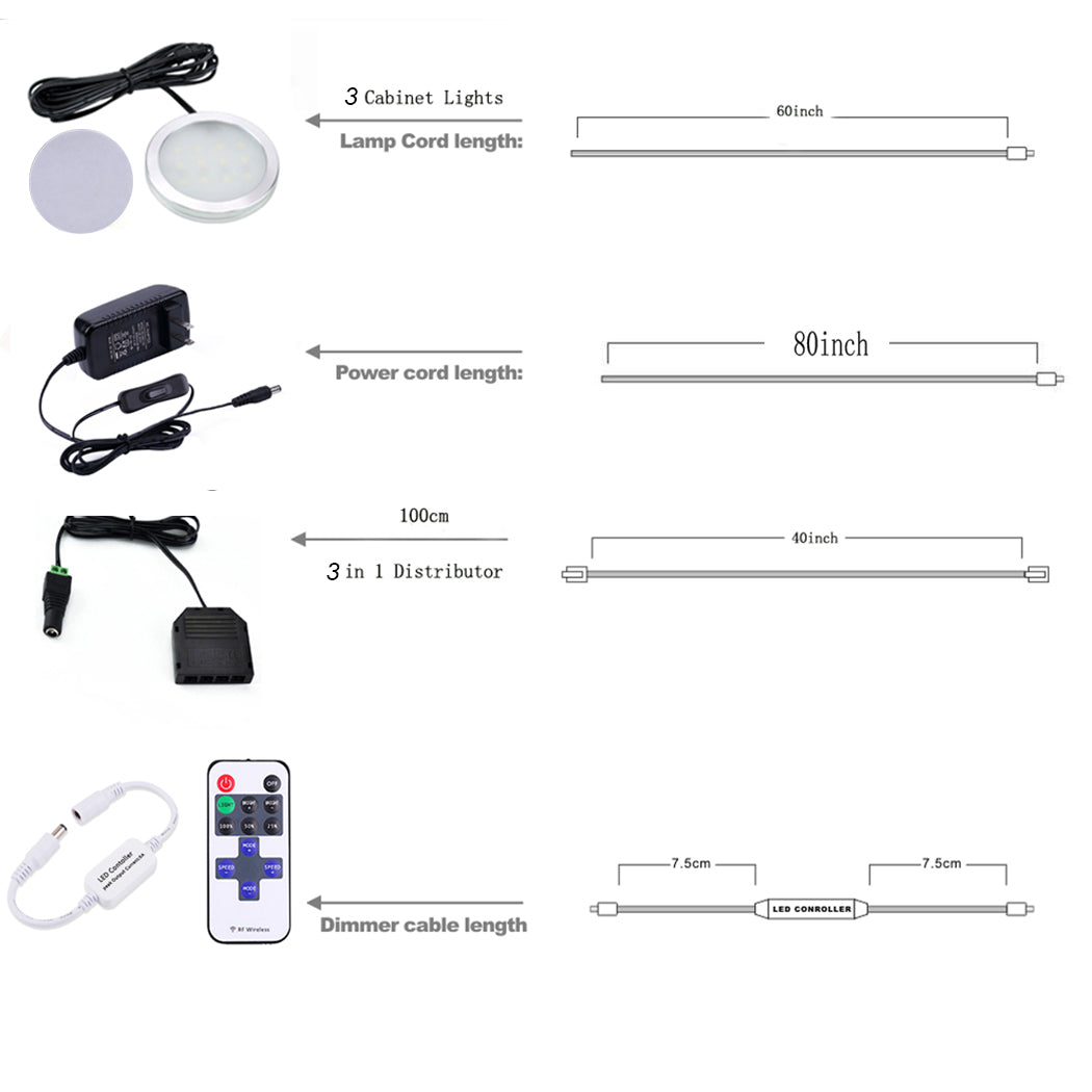 Lumières LED à intensité variable sous les armoires AIBOO 3 lumières à rondelle filaires avec télécommande RF pour l'éclairage du comptoir de cuisine à domicile 