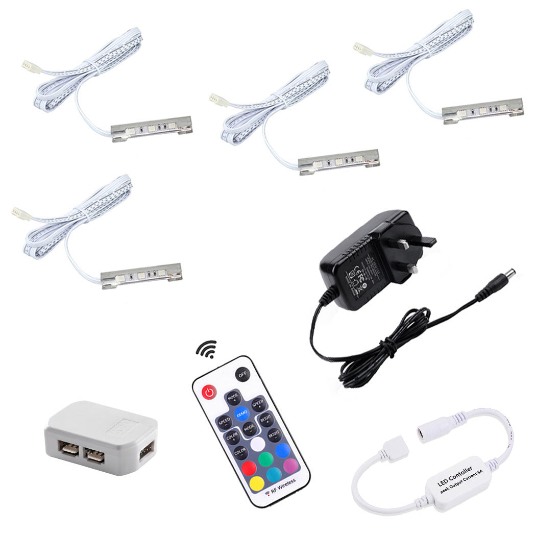 AIBOO LED-Nachtlicht-Set für unter den Schrank, zur Beleuchtung der Rückseite von Glaskantenregalen mit flexiblem Kabel und Clip, mit RF-Fernbedienung, 4 RGB-Lichter