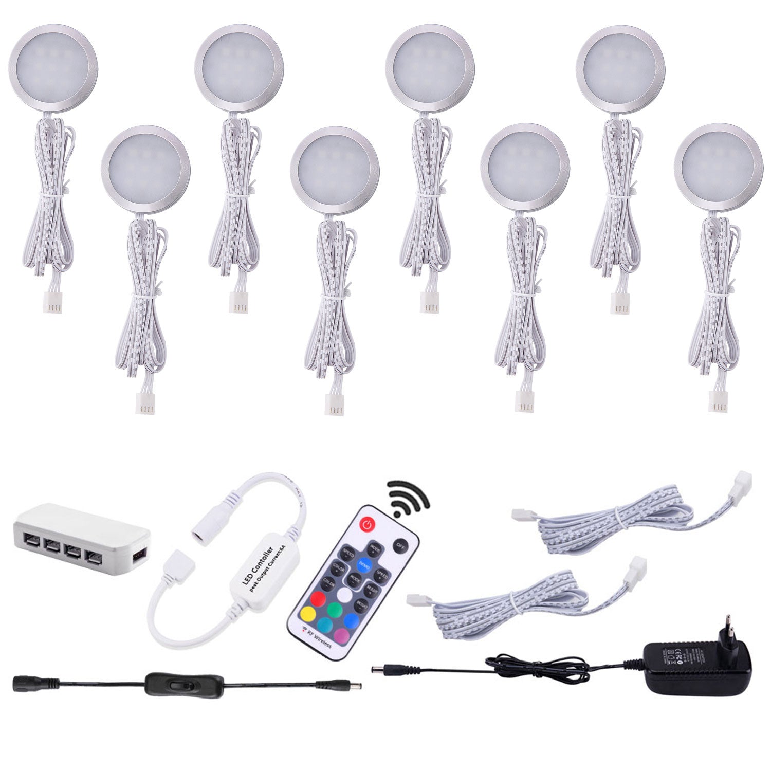 AIBOO RGB-Farbwechsel-LED-Unterschrankleuchten-Set, 8 Packungen mit schmalen Aluminium-Pucks für die Weihnachtsdekoration, Küchentheke, Möbel, stimmungsvolle Beleuchtung