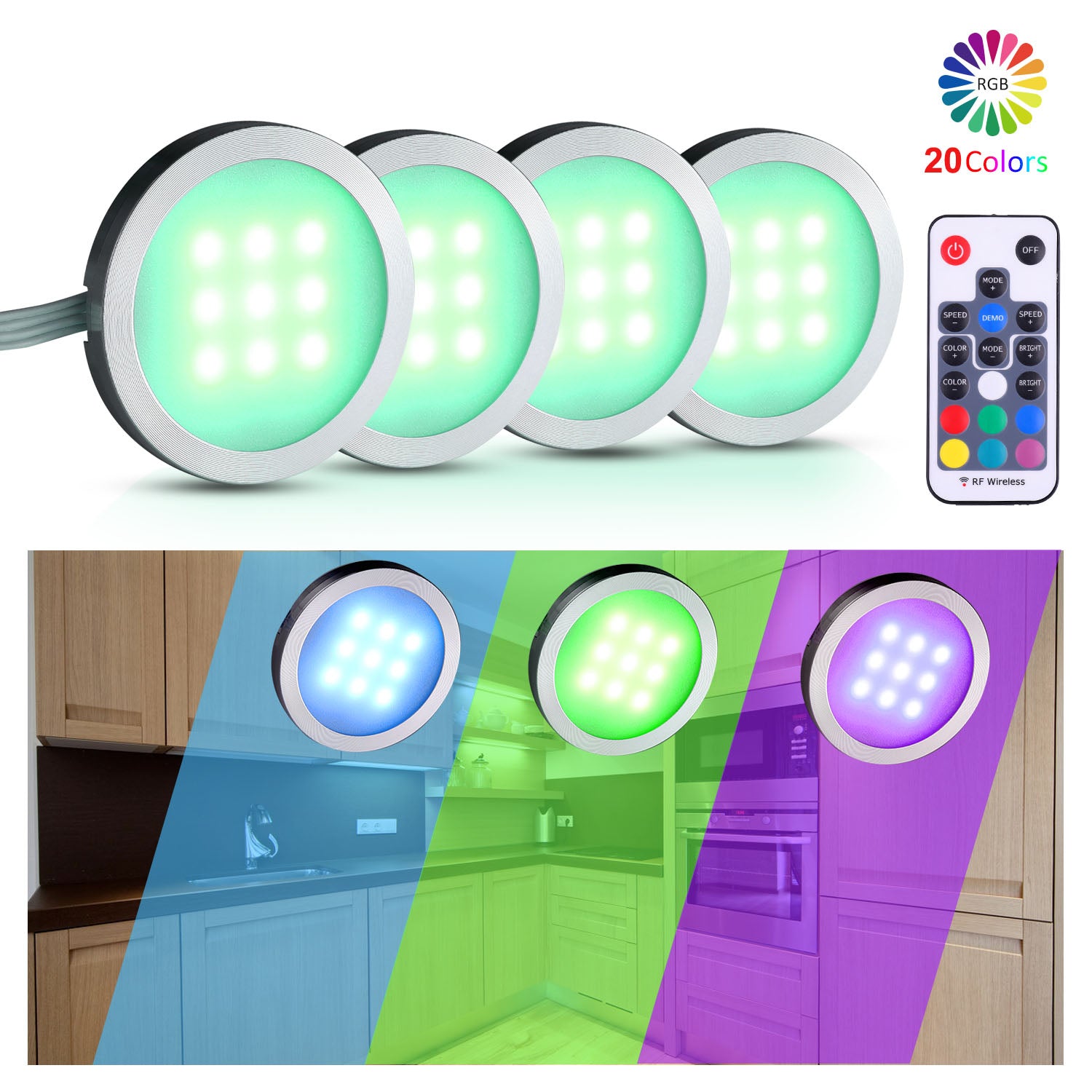 AIBOO RGB-Farbwechsel-LED-Unterschrankleuchten-Set, schmale Puck-Lampen aus Aluminium für Küchentheke, Kleiderschrank, Theke, Möbel, stimmungsvolle Weihnachtsdekor-Beleuchtung (4 Lichter)