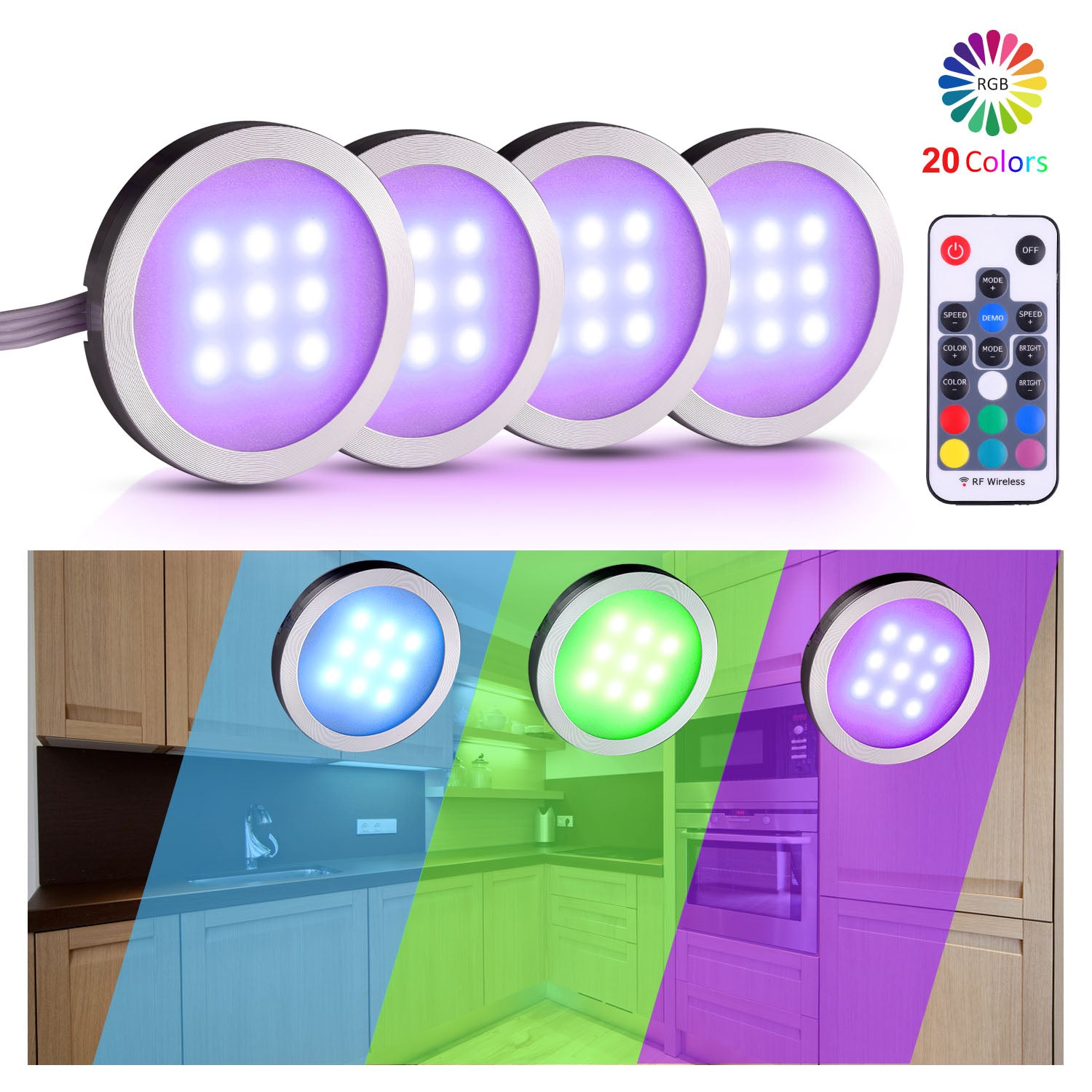 AIBOO RGB-Farbwechsel-LED-Unterschrankleuchten-Set, schmale Puck-Lampen aus Aluminium für Küchentheke, Kleiderschrank, Theke, Möbel, stimmungsvolle Weihnachtsdekor-Beleuchtung (4 Lichter)